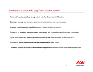 12
Summary – Continued Long-Term Value Creation
 Positioned for sustainable long-term growth in both Risk Solutions and HR Solutions
 Significant leverage to an improving global economy, interest rates and insurance pricing
 Investing in colleagues and capabilities around the globe to better serve clients
 Opportunity for long-term operating margin improvement with increased operating leverage in the business
 Strong balance sheet with opportunity for additional leverage while maintaining current credit ratings
 Positioned to significantly increase free cash flow generation going forward
 Increased financial flexibility and effective capital allocation is expected to drive significant shareholder value
 