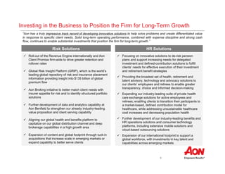 5
Investing in the Business to Position the Firm for Long-Term Growth
“Aon has a truly impressive track record of developing innovative solutions to help solve problems and create differentiated value
in response to specific client needs. Solid long-term operating performance, combined with expense discipline and strong cash
flow, continues to enable substantial investments that position the firm for long-term growth.”
Risk Solutions HR Solutions
 Roll-out of the Revenue Engine internationally and Aon
Client Promise firm-wide to drive greater retention and
rollover rates
 Global Risk Insight Platform (GRIP), which is the world’s
leading global repository of risk and insurance placement
information providing insight into $135 billion of global
premium flow
 Aon Broking initiative to better match client needs with
insurer appetite for risk and to identify structured portfolio
solutions
 Further development of data and analytics capability at
Aon Benfield to strengthen our already industry-leading
value proposition and client serving capability
 Aligning our global health and benefits platform to
capitalize on our global distribution channel and deep
brokerage capabilities in a high growth area
 Expansion of content and global footprint through tuck-in
acquisitions that increase scale in emerging markets or
expand capability to better serve clients
 Focusing on innovative solutions to de-risk pension
plans and support increasing needs for delegated
investment and defined-contribution solutions to fulfill
clients’ needs for effective execution of their investment
and retirement benefit strategies
 Providing the broadest set of health, retirement and
talent advisory, technology and advocacy solutions to
our clients’ employees and retirees to enable greater
transparency, choice and informed decision-making
 Expanding our industry-leading suite of private health
care exchange solutions for active employees and
retirees; enabling clients to transition their participants to
a market-based, defined contribution model for
healthcare, while addressing unsustainable healthcare
cost increases and decreasing population health
 Further development of our industry-leading benefits and
HR operations solutions and consumer technology
platforms, including extensive mobile solutions and
cloud-based outsourcing solutions
 Expansion of our international footprint to support a
global workforce, with investments in key talent and
capabilities across emerging markets
 