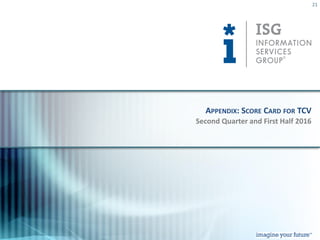 © 2016
Information Services
Group, Inc.
All Rights Reserved
isg-one.com
21
Second Quarter and First Half 2016
APPENDIX: SCORE CARD FOR TCV
 
