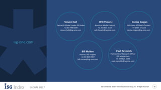 ISG Confidential. © 2017 Information Services Group, Inc. All Rights Reserved 19
GLOBAL 2Q17
isg-one.com
Learn More
Paul Reynolds
Partner, Chief Research Officer
ISG Momentum
+1 508 625 2194
paul.reynolds@isg-one.com
Steven Hall
Partner & Global Leader ISG Index
+1 303 748 6599
steven.hall@isg-one.com
Will Thoretz
Americas Media Contact
+1 203 517 3119
will.thoretz@isg-one.com
Denise Colgan
EMEA and AP Media Contact
+44 1737 371523
denise.colgan@isg-one.com
Bill McNee
Partner, ISG Insights
+1 203 820 8987
bill.mcnee@isg-one.com
 