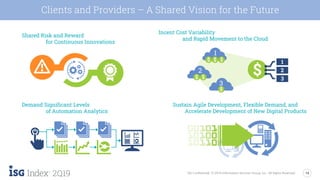 14
2Q19 ISG Confidential. © 2019 Information Services Group, Inc. All Rights Reserved.
Clients and Providers – A Shared Vision for the Future
Shared Risk and Reward
for Continuous Innovations
Incent Cost Variability
and Rapid Movement to the Cloud
Demand Significant Levels
of Automation Analytics
Sustain Agile Development, Flexible Demand, and
Accelerate Development of New Digital Products
1
2
3
 