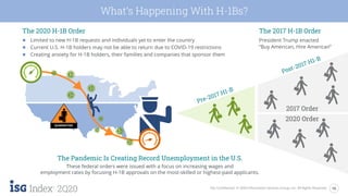 16ISG Confidential. © 2020 Information Services Group, Inc. All Rights Reserved.
2Q20
What’s Happening With H-1Bs?
The Pandemic Is Creating Record Unemployment in the U.S.
These federal orders were issued with a focus on increasing wages and
employment rates by focusing H-1B approvals on the most-skilled or highest-paid applicants.
2020 Order
2017 Order
QUARANTINE
The 2020 H-1B Order
● Limited to new H-1B requests and individuals yet to enter the country
● Current U.S. H-1B holders may not be able to return due to COVID-19 restrictions
● Creating anxiety for H-1B holders, their families and companies that sponsor them
The 2017 H-1B Order
President Trump enacted
“Buy American, Hire American”
 