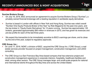 Date
RECENTLY ANNOUNCED BGC & NGKF ACQUISITIONS
11
Sunrise Brokers Group:
 On July 19, 2016, BGC announced an agreement to acquire Sunrise Brokers Group (“Sunrise”), a
privately owned financial brokerage with a leading reputation in worldwide equity derivatives.
 Sunrise is based in London with offices in New York and Hong Kong, Sunrise was voted overall
“Number One Equity Products Broker of the Year” by Risk Magazine for the past nine years, and
the top broker in “Equity Exotic Derivatives” for 13 years running. Sunrise has approximately 135
brokers, generated approximately $90 million in revenues in 2015, and has grown its revenues and
pre-tax profits for each of the last three years.
 We expect the transaction to be immediately accretive to BGC’s earnings per share, and to close
by the end of the year, subject to regulatory approvals.
CRE Group, Inc.:
 On June 17, 2016, NGKF, a division of BGC, acquired the CRE Group Inc. (“CRE Group), a real
estate services provider focused on project management, construction management, and LEED
consulting.
 The CRE Group is a San Francisco Bay Area-based company that has extensive project and
construction management experience in corporate interiors, hospitality, healthcare facilities and
retail, among other sectors. The CRE Group manages large- and small-scale projects for national
and international clients throughout the Bay Area and across the United States
 