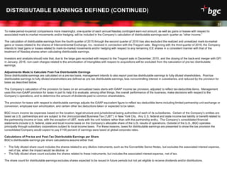 Date
DISTRIBUTABLE EARNINGS DEFINED (CONTINUED)
To make period-to-period comparisons more meaningful, one-quarter of each annual Nasdaq contingent earn-out amount, as well as gains or losses with respect to
associated mark-to-market movements and/or hedging, will be included in the Company’s calculation of distributable earnings each quarter as “other income.”
The calculation of distributable earnings from the fourth quarter of 2015 through the second quarter of 2016 has also excluded the realized and unrealized mark-to-market
gains or losses related to the shares of Intercontinental Exchange, Inc. received in connection with the Trayport sale. Beginning with the third quarter of 2016, the Company
intends to treat gains or losses related to mark-to-market movements and/or hedging with respect to any remaining ICE shares in a consistent manner with that of the
treatment of Nasdaq shares when calculating distributable earnings.
Investors and analysts should note that, due to the large gain recorded with respect to the Trayport sale in December, 2015, and the closing of the back-end merger with GFI
in January, 2016, non-cash charges related to the amortization of intangibles with respect to acquisitions will be excluded from the calculation of pre-tax distributable
earnings.
Adjustments Made to Calculate Post-Tax Distributable Earnings
Since distributable earnings are calculated on a pre-tax basis, management intends to also report post-tax distributable earnings to fully diluted shareholders. Post-tax
distributable earnings to fully diluted shareholders are defined as pre-tax distributable earnings, less noncontrolling interest in subsidiaries, and reduced by the provision for
taxes as described below.
The Company’s calculation of the provision for taxes on an annualized basis starts with GAAP income tax provision, adjusted to reflect tax-deductible items. Management
uses this non-GAAP provision for taxes in part to help it to evaluate, among other things, the overall performance of the business, make decisions with respect to the
Company’s operations, and to determine the amount of dividends paid to common shareholders.
The provision for taxes with respect to distributable earnings adjusts the GAAP equivalent figure to reflect tax-deductible items including limited partnership unit exchange or
conversion, employee loan amortization, and certain other tax deductions taken or expected to be taken.
BGC incurs income tax expenses based on the location, legal structure and jurisdictional taxing authorities of each of its subsidiaries. Certain of the Company’s entities are
taxed as U.S. partnerships and are subject to the Unincorporated Business Tax (“UBT”) in New York City. Any U.S. federal and state income tax liability or benefit related to
the partnership income or loss, with the exception of UBT, rests with the unit holders rather than with the partnership entity. The Company’s consolidated financial
statements include U.S. federal, state and local income taxes on the Company’s allocable share of the U.S. results of operations. Outside of the U.S., BGC operates
principally through subsidiary corporations subject to local income taxes. For these reasons, taxes for distributable earnings are presented to show the tax provision the
consolidated Company would expect to pay if 100 percent of earnings were taxed at global corporate rates.
Calculations of Pre-tax and Post-Tax Distributable Earnings per Share
BGC’s distributable earnings per share calculations assume either that:
• The fully diluted share count includes the shares related to any dilutive instruments, such as the Convertible Senior Notes, but excludes the associated interest expense,
net of tax, when the impact would be dilutive; or
• The fully diluted share count excludes the shares related to these instruments, but includes the associated interest expense, net of tax.
The share count for distributable earnings excludes shares expected to be issued in future periods but not yet eligible to receive dividends and/or distributions.
31
 