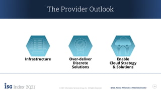 2Q21 29
© 2021 Information Services Group, Inc. All Rights Reserved. @ISG_News #ISGIndex #ISGIndexInsider
The Provider Outlook
Infrastructure Over-deliver
Discrete
Solutions
Enable
Cloud Strategy
& Solutions
 