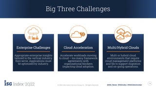 2Q22 18
© 2022 Information Services Group, Inc. All Rights Reserved. @ISG_News #ISGIndex #ISGIndexInsider
Big Three Challenges
Cloud Acceleration
Accelerate workloads moving
to cloud – too many framework
agreements with
organizational blockers
impacting cloud adoption.
Enterprise Challenges
Appropriate enterprise insights
tailored to the vertical industry
they serve. Applications must
be optimized by industry.
Multi/Hybrid Clouds
Multi or hybrid cloud
environments that require
cloud management platforms
and SIs to support migration
and on-going operations.
 