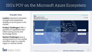 2Q22 19
© 2022 Information Services Group, Inc. All Rights Reserved. @ISG_News #ISGIndex #ISGIndexInsider
2Q22 19
© 2022 Information Services Group, Inc. All Rights Reserved. @ISG_News #ISGIndex #ISGIndexInsider
ISG’s POV on the Microsoft Azure Ecosystem
Provider Tiers
Leaders represent innovative
strength and competitive
stability to set the pace in the
market
Product Challengers offer a
portfolio of capabilities that
reflect strong service and
technology stacks
Market Challengers have a
strong presence in the market
and often major in a specific
region or vertical market
 