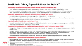 Aon United - Driving Top and Bottom-Line Results1,2
Committed to Mid-Single-Digit or Greater Organic Revenue Growth Over the Long-Term
• Track record of +4% average annual organic revenue growth from 2011-2021, with +9% organic revenue growth in 2021
• Driven by three areas: Delivering client value with continued improvement in core businesses, portfolio mix-shift towards areas of
faster growing client demand and data-driven solutions, and net new opportunities that increase our total addressable market
Sustainable Operating Margin Expansion Net of Investment in Long-Term Growth
• From 2011-2021, increased adjusted operating margins by +1,110 bps or over +100 bps per year
• Driven by three areas: Top-line growth, portfolio mix-shift to higher contribution margin businesses, and increased operating leverage
from ongoing productivity improvements from our Aon Business Services platform
Expected Free Cash Flow Growth Over the Long-Term
• Expect to deliver double-digit free cash flow growth in 2022 and over the long-term, driven by growth in operating income and ~$500
million long-term improvement opportunity in working capital
Disciplined Portfolio Management and Capital Allocation based on Return on Invested Capital (ROIC)
• Strong history of M&A and portfolio management, including completion of 127 acquisitions for ~$3.7B and 123 divestitures for ~$5.7B
from 2011-2021³
• All capital allocation decisions based on ROIC. Share repurchase continues to be our highest return opportunity, based on our strong
free cash flow generation outlook, noting history of $19 billion in share buyback from 2011-2021, or a net share reduction of
approximately 34%
4
, and $7.9 billion remaining repurchase authorization as of the end of Q2 2022
• Significant financial flexibility to deploy capital driven by strong free cash flow generation and opportunity for increased debt
Translating into a Significant Shareholder Value Creation Opportunity
• Going forward, we expect to build on our demonstrated track record of free cash flow growth combined with an expected reduction in
total shares outstanding, representing a significant long-term shareholder value creation opportunity
1 The results presented on this page are non-GAAP measures that are reconciled to their corresponding U.S. GAAP measures for historical periods in the Appendices of this presentation.
2 Reflects the Company’s best estimates as of July 29, 2022, and the Company disclaims any obligations to update whether a result of new information, future events, or otherwise. Actual results may
differ materially.
3 Includes asset deals and share transactions with joint venture partners.
4 Calculated as the change in actual shares outstanding from December 31, 2011 to December 31, 2021.
8
 