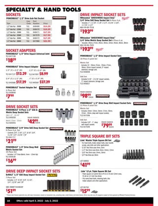 16	 Offers valid April 3, 2022 - July 2, 2022
* Please note finance payments vary with every transaction, based on transaction size, prevailing rates, credit history, and other factors.Terms may also vary.All programs subject to final approval by Affiliated Financial Services.
SPECIALTY  HAND TOOLS
SOCKETS
POWERBUILT®
1/2 Drive Axle Nut Socket
TLS
1/2Axle Nut - 38MM 647080
Type
TLS
1/2Axle Nut - 30MM 648469 $14.29
TLS
1/2Axle Nut - 32MM 648470 $15.29
TLS
TLS
1/2Axle Nut - 34MM
1/2Axle Nut - 36MM
648471
648472
$17.29
$17.29
Line
Code
Part
Number Price
TLS
1/2Axle Nut - 35MM 647079 $17.99
$21.99
SOCKET ADAPTERS
POWERBUILT®
Socket Adapter Set
4-Piece Set
TLS 640848
$
799
POWERBUILT®
1/2 Drive Impact Universal Joint
TLS 647138
$
1829
POWERBUILT®
Drive Impact Adapter
1/2 (F) x 3/4 (M)
TLS 647137 $12.29
3/4 (F) x 1/2 (M)
TLS 940586 $17.29
1 (F) x 3/4 (M)
TLS 940587 $27.29
1/2 (F) x 3/8 (M)
TLS 647097 $8.99
DRIVE SOCKET SETS
POWERBUILT®
8-Piece 1/2 SAE 
Metric Deep Socket Sets
SAE 1/2 - 15/16
TLS 640056
Metric 12mm - 23mm
TLS 640055
YOUR CHOICE
$
4299
EACH
POWERBUILT®
3/8 Drive SAE Deep Socket Set
9-Piece 6 pt. Set
• 
Contents 3/8, 7/16, 1/2, 9/16, 5/8,
11/16, 3/4, 13/16, 7/8
TLS 641717
$
2199
POWERBUILT®
1/4 Drive Deep Well
Metric Socket Set
10-Piece Set
• 
Includes 1/4 Drive Metric; 4mm - 13mm 6pt
TLS 640538
$
1699
DRIVE IMPACT SOCKET SETS
Milwaukee®
SHOCKWAVE Impact Duty™
3/4 Drive SAE Deep Socket Set 8-Piece 6 pt.
• 
Includes: 1, 1-1/16, 1-1/8, 1-1/4, 1-5/16, 1-3/8,
1-7/16, 1-1/2
MLK 49-66-7018
$
19399
Milwaukee®
SHOCKWAVE Impact Duty™
3/4 Drive Metric Deep Socket Set 8-Piece 6 pt.
• 
Includes: 26mm, 27mm, 29mm, 30mm, 32mm, 35mm, 36mm, 38mm
MLK 49-66-7020
$
19399
DRIVE DEEP IMPACT SOCKET SETS
DeWALT®
1/2 SAE Deep Impact Socket Set
7-Piece Set
• 
Includes: 1/2, 9/16, 5/8, 11/16,
3/4, 13/16, and 7/8
SBD DWMT74448OSP
$
5199
YOUR CHOICE
$
7999
EACH
SAE Set
•
Includes 3/8 - 1, deep
well impact sockets
TLS 647049
POWERBUILT®
1/2 Drive Deep Well Impact Socket Sets
11-Piece 6 point Set
Metric Set
•
Includes 10mm -14mm, 16mm, 17mm, 19mm,
21mm - 24mm, deep well impact sockets
TLS 647048
YOUR CHOICE
$
9899
EACH
Metric Set
•
Includes 10 - 19mm, 21mm - 24mm, 27mm,
30mm, 32mm impact sockets, 5 impact
extension, storage case.
TLS 940838
SAE Set
•
Includes 5/16 - 1-5/16 impact sockets,
5 impact extension, storage case
TLS 940837
POWERBUILT®
1/2 Drive Impact Socket Sets
18-Piece 6 point Set
LST 60850
$
4199
Lisle®
Master Triple Square Bit Set
• 
For head bolts, brake caliper bolts, door handle
screws, axle bolts and other applications
• 
5/16 Hex Drive sizes 4mm, 5mm
• 
1/2 Hex Drive sizes 6mm, 8mm, 10mm, 12mm
• 
5/8 Hex Drive sizes 14mm, 16mm
• 
3/4 Hex Drive size 18mm
Lisle®
12 pt. Triple Square Bit Set
• 
Triple square (12 point) bits to fit 6, 8, 10 and 12mm sizes,
Fit all on 1/2 inch hex drives
• 
Fits some head bolts, retaining bolts, disc
brake calipers and other applications
TRIPLE SQUARE BIT SETS
LST 60750
$
1599
 