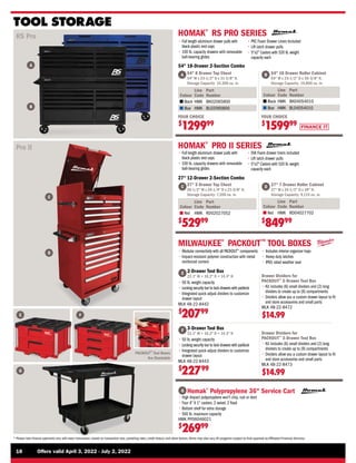 FINANCE IT
18	 Offers valid April 3, 2022 - July 2, 2022
* Please note finance payments vary with every transaction, based on transaction size, prevailing rates, credit history, and other factors.Terms may also vary.All programs subject to final approval by Affiliated Financial Services.
Drawer Dividers for
PACKOUT™
2-Drawer Tool Box
• 
Kit includes (6) small dividers and (2) long
dividers to create up to (9) compartments
• 
Dividers allow you a custom drawer layout to fit
and store accessories and small parts
MLK 48-22-8472
$14.99
Drawer Dividers for
PACKOUT™
3-Drawer Tool Box
• 
Kit includes (6) small dividers and (2) long
dividers to create up to (9) compartments
• 
Dividers allow you a custom drawer layout to fit
and store accessories and small parts
MLK 48-22-8473
$14.99
TOOL STORAGE
27 7 Drawer Roller Cabinet
27 W x 24-1/2 D x 39 H,
Storage Capacity: 9,115 cu. in.
Colour
Line
Code
Part
Number
HMK
Red RD04027702
27 5 Drawer Top Chest
26-1/2 W x 24-1/4 D x 21-3/8 H,
Storage Capacity: 7,200 cu. in.
Colour
Line
Code
Part
Number
HMK
Red RD02027052
$
52999 $
84999
27 12-Drawer 2-Section Combo
HOMAK®
PRO II SERIES
• 
Full length aluminum drawer pulls with
black plastic end caps
• 
100 lb. capacity drawers with removable
ball-bearing glides
• 
EVA Foam drawer liners included
• 
Lift latch drawer pulls
• 
5x2 Casters with 520 lb.weight
capacity each
C D
E
F
C
D
G
E F
MILWAUKEE®
PACKOUT™
TOOL BOXES

2-Drawer Tool Box
22.1 W × 16.2 D × 14.3 H

3-Drawer Tool Box
22.1 W × 16.2 D × 14.3 H
• 
50 lb. weight capacity
• 
Locking security bar to lock drawers with padlock
• 
Integrated quick adjust dividers to customize
drawer layout
MLK 48-22-8442
$
20799
• 
50 lb. weight capacity
• 
Locking security bar to lock drawers with padlock
• 
Integrated quick adjust dividers to customize
drawer layout
MLK 48-22-8443
$
22799
PACKOUT™
Tool Boxes
Are Stackable
Homak®
Polypropylene 36 Service Cart
• 
High Impact polypropylene won’t chip, rust or dent
• 
Four 4 X 1 casters. 2 swivel, 2 fixed
• 
Bottom shelf for extra storage
• 
500 lb. maximum capacity
HMK PP06046021
$
26999
• 
Modular connectivity with all PACKOUT™
components
• 
Impact-resistant polymer construction with metal
reinforced corners
• 
Includes interior organizer trays
• 
Heavy duty latches
• 
IP65 rated weather seal
G
RS Pro
Pro II
54 10 Drawer Roller Cabinet
54 W x 23-1/2 D x 30-3/8 H,
Storage Capacity: 19,800 cu. in.
Colour
Line
Code
Part
Number
HMK
Black BK04054010
HMK
Blue BL04054010
54 8 Drawer Top Chest
54 W x 23-1/2 D x 21-3/8 H,
Storage Capacity: 14,300 cu. in.
Colour
Line
Code
Part
Number
HMK
Black BK02065800
HMK
Blue BL02065800
YOUR CHOICE
$
129999
YOUR CHOICE
$
159999
54 18-Drawer 2-Section Combo
HOMAK®
RS PRO SERIES
• 
Full length aluminum drawer pulls with
black plastic end caps
• 
100 lb. capacity drawers with removable
ball-bearing glides
• 
PVC Foam Drawer Liners Included
• 
Lift latch drawer pulls
• 
5x2 Casters with 520 lb.weight
capacity each
A
B
B
A
 