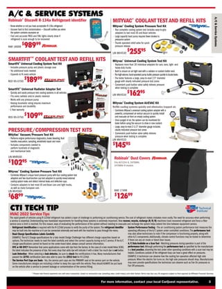CTI TECH TIP
For more information, contact your local CarQuest representative. 3
* Please note finance payments vary with every transaction, based on transaction size, prevailing rates, credit history, and other factors.Terms may also vary.All programs subject to final approval by Affiliated Financial Services.
MITYVAC®
COOLANT TEST AND REFILL KITS
Mityvac®
Cooling System AirEVAC Kit
Refills cooling systems quickly and eliminates trapped air.
• 
Combines Mityvac’s universal cooling system adapter with a
powerful,compressed air venturi vacuum to quickly install
and evacuate air from an empty cooling system
• 
Once purged of air,the system can be monitored for
leaks before using the vacuum to draw in new coolant
• 
Large,easy-to-read 2-1/2 diameter gauge includes
clearly indicated pressure test zones
• 
Convenient push-button valve safely relieves
pressure when testing is complete
LIN MV4533
$
14595
Mityvac®
Cooling System Pressure Test Kit
• 
Run complete cooling system test includes easy-to-grip
adapters to test most US and Asian vehicles
• 
Large capacity hand pump requires fewer strokes to
pressurize system
• 
Thumb operated relief valve for quick
pressure release
LIN MV4530
$
25595
Mityvac®
Universal Cooling System Test Kit
• 
Replaces more than 20 individual adapters for cars, vans, light- and
heavy-duty trucks
• 
Built to ensure an air-tight seal with a radiator or coolant bottle neck
•
Thehigh-volume,hand-operatedpumpbuildspressurequicklytolocateleaks
• 
The tester features a large, easy-to-read 2.5 diameter
gauge with clearly indicated pressure test zones
• 
Convenient push-button valve safely relieves pressure
when testing is complete
LIN MV4534
$
16295
MityVac®
Vacuum/Pressure Test Kit
• 
Performs engine performance diagnostics,brake bleeding,fluid
transfer,evacuation,sampling,windshield repair and more
• 
Includes components needed to
perform hundreds of diagnostic
and mechanical tests
LIN MV8500
$
10295
Mityvac®
Cooling System Pressure Test Kit
• 
Combines Mityvac’s unique hand pressure pump with four cooling system test
adapters and two dual-function cap test adapters to quickly reveal external
cooling system leaks and detect internal leaks and defective caps
• 
Contains adapters to test most US and Asian cars and light trucks,
as well as many European cars
LIN MV4560
$
6899
PRESSURE/COMPRESSION TEST KITS
Robinair®
Dust Covers
Fits AC1234-6, 34788NI,
34788NI-H models
RAR 17499
$
12699
Robinair®
DiscovR R-134a Refrigerant identifier
• 
Know whether or not you have acceptable R-134a refrigerant
• 
Uncover hard to find contamination — DiscovR notifies you when
the system contains excessive air
• 
Fast and accurate PASS and FAIL lights clearly show if
refrigerant is pure enough to be recovered
RAR 16009
$
98999
SmartFit™
Universal Cooling System Test Kit
• 
Includes pressure pump and plastic storage case
• 
No additional tools needed
• 
Expands to fit every vehicle
RED 95-0700
$
18999
SMARTFIT™
COOLANT TEST AND REFILL KITS
SmartFit™
Universal Radiator Adapter Set
• 
Quickly and easily pressure test cooling systems in all vehicles
• 
Fits every radiator and/or plastic reservoir
• 
Works with any pressure pump
• 
Varying durameter rating ensures maximum
performance and durability
•1-Year warranty
RED 95-0750
$
10999
A/C

Service
Systems
A/C  SERVICE SYSTEMS
HVAC 2022 Service Tips
The rapid growth of vehicles using R-1234yf refrigerant has added a layer of challenge to performing air conditioning service.The cost of refrigerant makes mistakes more costly.The need for accuracy when performing
a service is essential. Understanding new mandated requirements for handling these systems is extremely important. New recover, recycle, recharge (R/R/R) machines track recovered refrigerant and force a filter
service once a limit is reached. For this reason, ways of evaluating the performance of the system without needing to evacuate and recharge the system helps extend the time between equipment service.
• 
Refrigerant identification is required with the R-1234yf process to verify the purity of the system.The refrigerant identifier
may be built into the machine or it can be connected externally and work with the machine to pass through the menu.
• 
Read Charge Specifications Labels Carefully
EXAMPLE: The A/C Charge specifications for a late model Dodge Challenger has different charge capacities based on
options.The technician needs to read the label carefully and select the correct capacity during an A/C service. If the A/C
charge specifications cannot be found on the under-hood label, always consult service information.
• 
DYE or NO DYE? Remember that some applications come with dye from the factory.In the case of a late modelVolvo SC90,
the label indicates the presence of dye.Not every shop that adds dye will indicate it with a label.Too much dye is not better.
• 
Leak Detection - When selecting a leak detector, be sure to check the certifications it has. Many manufacturers that
passed the J2791 certification were also able to pass the J2913 test for R-1234yf.
• 
The Service Port Caps are Seals - Yes, the service port caps are the PRIMARY seal at the service port on the vehicle.
Some manufacturers designs are including a tether to keep the caps with the vehicle.They should ALWAYS be put back
on the vehicle after a service to prevent leakage or contamination of the service fitting.
• 
System Performance Testing - The air conditioning system performance test measures the
operating efficiency of the A/C system under controlled conditions.The performance test
may also allow technicians to note if the compressor is functioning properly, along with
other A/C components.Additionally, climate control functions may be tested to determine
if there are any air mode or blend door issues.
• 
A/C DataAvailable on a ScanTool -Watching pressures during operation is part of the
performance test.Although performing the performance test as specified by the manufacturer
is a best practice,observing the test under other operating conditions with a scan tool may be
helpful.Conditions outside of the refrigerant loop can have a great effect on pressures.
EXAMPLE: A technician can observe how the cooling fan operation affected high side
pressure.When the electric fan turns on, the high side pressures should drop. Manufacturers
may even provide specifications the technician can observe such as Fan On pressures vs
Fan Off pressures.
 