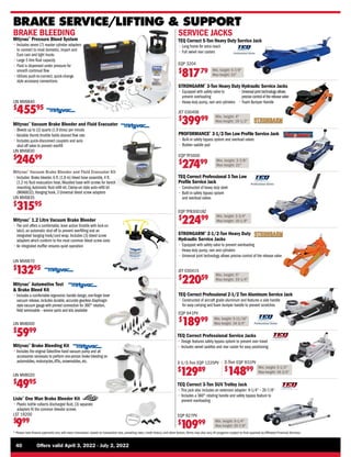 40	 Offers valid April 3, 2022 - July 2, 2022
* Please note finance payments vary with every transaction, based on transaction size, prevailing rates, credit history, and other factors.Terms may also vary.All programs subject to final approval by Affiliated Financial Services.
SERVICE JACKS
Min. height: 5-7/8
Max height: 22
TEQ Correct 5-Ton Heavy Duty Service Jack
• 
Long frame for extra reach
• 
Full swivel rear casters
EQP 3204
$
81779
BRAKE SERVICE/LIFTING  SUPPORT
Min. height: 4
Max height: 19-1/2
STRONGARM®
3-Ton Heavy Duty Hydraulic Service Jacks
• 
Equipped with safety valve to
prevent overloading
• 
Heavy-duty pump, ram and cylinders
• 
Universal joint technology allows
precise control of the release valve
• 
Foam Bumper Handle
JET 030406
$
39999
Min. height: 3-3/4
Max height: 18-1/8
TEQ Correct Professional 3 Ton Low
Profile Service Jack
• 
Constructed of heavy duty steel
• 
Built-in safety bypass system
and overload valves
Min. height: 3-7/8
Max height: 21
PROFORMANCE®
3-1/2-Ton Low Profile Service Jack
• 
Built-in safety bypass system and overload valves
• 
Rubber saddle pad
EQP TP3500
$
27499
EQP TP830018Z
$
22499
Min. height: 5
Max height: 19-1/4
STRONGARM®
2-1/2-Ton Heavy Duty
Hydraulic Service Jacks
• 
Equipped with safety valve to prevent overloading
• 
Heavy-duty pump, ram and cylinders
• 
Universal joint technology allows precise control of the release valve
JET 030415
$
22059
Min. height: 5-11/16
Max height: 18-3/4
TEQ Correct Professional 2-1/2 Ton Aluminum Service Jack
• 
Constructed of aircraft grade aluminum and features a side handle
for easy carrying and foam bumper handle to prevent scratches
EQP 941PV
$
18999
Min. height: 5-1/2
Max height: 18-3/4
TEQ Correct Professional Service Jacks
• 
Design features safety bypass system to prevent over travel
• 
Includes swivel saddles and rear caster for easy positioning
3-Ton EQP 931PV
$
14899
2-1/2-Ton EQP 1225PV
$
12989
Mityvac®
Automotive Test
 Brake Bleed Kit
• 
Includes a comfortable ergonomic handle design,one-finger lever
vacuum release,includes durable,accurate gearless diaphragm
style vacuum gauge with pinned connection for 360° rotation,
field serviceable – service parts and kits available
Mityvac®
Brake Bleeding Kit
• 
Includes the original Selectline hand vacuum pump and all
accessories necessary to perform one-person brake bleeding on
automobiles,motorcycles,ATVs,snowmobiles,etc.
BRAKE BLEEDING
TEQ Correct 3-Ton SUV Trolley Jack
• 
This jack also includes an extension adapter: 9-1/4 – 20-7/8
• 
Includes a 360° rotating handle and safety bypass feature to
prevent overloading
Min. height: 9-1/4
Max height: 20-7/8
EQP 927PV
$
10999
Mityvac®
Vacuum Brake Bleeder and Fluid Evacuator
• 
Bleeds up to (2) quarts (1.9 litres) per minute
• 
Variable thumb throttle holds desired flow rate
• 
Includes quick-disconnect couplers and auto
shut-off valve to prevent overfill
LIN MV6830
$
24699
Mityvac®
Vacuum Brake Bleeder and Fluid Evacuator Kit
• 
Includes: Brake bleeder, 6 ft. (1.8 m) bleed hose assembly, 4 ft.
(1.2 m) fluid evacuation hose, Moulded base with screws for bench
mounting,Automatic fluid refill kit, Clamp-on style auto-refill kit
(MVA6832), Hanging hook, 3 Universal bleed screw adapters
LIN MV6835
$
31595
Mityvac®
Pressure Bleed System
• 
Includes seven (7) master cylinder adapters
to connect to most domestic, import and
Euro cars and light trucks
• 
Large 5 litre fluid capacity
• 
Fluid is dispensed under pressure for
smooth continual flow
• 
Utilizes push-to-connect, quick-change
style accessory connections
LIN MV6840
$
45595
Mityvac®
1.2 Litre Vacuum Brake Bleeder
• 
The unit offers a comfortable, lever action throttle with lock-on
latch, an automatic shut-off to prevent overfilling and an
integrated hanging hook/cord wrap. Includes (3) bleed screw
adapters which conform to the most common bleed screw sizes
• 
An integrated muffler ensures quiet operation
LIN MV6870
$
13295
Lisle®
One Man Brake Bleeder Kit
• 
Plastic bottle collects discharged fluid, (3) separate
adapters fit the common bleeder screws
LST 19200
$
999
LIN MV8000
$
5999
LIN MV8020
$
4995
 