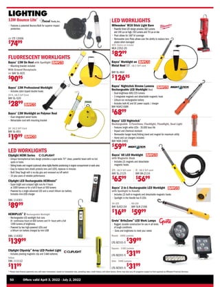 R
E
S I S TAN
T
WATER
P ROOF
WATER
R
E
S I S TAN
T
WATER
P ROOF
WATER
®
50	 Offers valid April 3, 2022 - July 2, 2022
* Please note finance payments vary with every transaction, based on transaction size, prevailing rates, credit history, and other factors.Terms may also vary.All programs subject to final approval by Affiliated Financial Services.
HEMIPLUS™
2 Rechargeable Worklight
• 
Rechargeable LED worklight that runs
8+ continuous hours at 600 lumens and 4+ hours with a full
1200 lumens of brightness
• 
Powered by two high-powered LEDs and
a lithium ion battery charged by mini USB
Cliplight HEMI Series
• 
Unique hemispherical lens design provides a super-wide 70° clean, powerful beam with no hot
spots or halos
• 
Sliding hooks and magnet (optional) allow highly flexible positioning in engine compartment or work area
• 
Easy to replace lens shield protects lens and LEDS, replaces in minutes
• 
Built Shop Tough with a no-slip grip and recessed on/off switch
• 
10 plus years of reliable performance
SWL 114302
$
13999
Cliplight LED Rechargeable HEMImini™
• 
Super bright and compact light runs for 4 hours
at 1000 lumens or for a full 8 hours at 500 lumens
• 
Powered by a single advanced LED and a smart lithium ion battery.
Includes mini-USB charger
SWL 114301
$
8999
LED WORKLIGHTS
Milwaukee®
M18 Stick Light Bare
• 
Powerful three LED design provides 300 Lumens
and 140 Lux on high,150 Lumens and 70 Lux on low
• 
Pivot allows for 180°of coverage
• 
Removable Lens Plate allows user the ability to replace lens
plates when damaged
NOTE: Battery not included
MLK 2352-20
$
8299
FLUORESCENT WORKLIGHTS
Bayco®
13W Professional Worklight
• 
Includes nylon tipped double hooks
25 ft. 18/2 SJT Cord
BAY SL-520
$
2899
LIGHTING
25', 18/2 SJT cord
BAY SL-2125
$
6599
6', 18/2 SJT cord
BAY BA-2116
$
5699
Bayco®
60 LED Worklight
with Magnetic Hook
• 
Includes (2) magnets and detachable
magnetic hooks
Bayco®
2-in-1 Rechargeable LED Worklight
with Spotlight in Handle
• 
Includes (2) built-in magnets and detachable magnetic hooks
• 
Spotlight in the Handle has 6 LEDs
66 LED
BAY SLR-2166
$
5999
34 LED
BAY SLR2134
$
1689
Bayco®
LED Nightstick®
Rechargeable 3-Functions: Flashlight, Floodlight, Dual Light
• 
Features bright white LEDs - 35,000 hour life
• 
Impact and Chemical resistant
• 
Removable hanger hook/folding stand and magnet for maximum utility
• 
Home and car chargers included.
BAY NSR-2492
$
5999
Bayco®
Nightstick Xtreme Lumens
Rechargeable LED Worklight Red
• 
Dual-brightness 600/225 lumens
• 
3 integrated magnets and detachable magnetic hook
• 
Lithium-ion rechargeable battery
• 
Includes both AC and DC power supply / charger
BAY NSR2168R
$
6899
LED WORKLIGHTS
13W Bounce Lite®
• 
Features a patented Bounce-Bulb for superior impact
protection.
25' CTI 12006
$
7499
Bayco®
13W On Reel with Spotlight
• 
Mounting bracket included
With Ground Receptacle
40' BAY SL-825
$
9095
Bayco®
13W Worklight on Polymer Reel
• 
Dual integrated swivel hooks
• 
Retractable cord with mounting bracket
20' 18/2 SVT Cord
BAY SL-651
$
1999
Cliplight Clipstrip™
Array LED Pocket Light
• 
Includes pivoting magnetic clip and 3 AAA batteries
Yellow
SWL 111112
$
1199
Bayco®
Worklight on
Metal Reel 50', 18/2 SVT cord
BAY SL-864
$
12695
Grote®
BriteZone™
LED Work Lamps
• 
Rugged, durable construction for use in all kinds
of tough conditions
• 
Sizes and brightness to meet your needs
Round - 1600 Lumens
LTG BZ101-5
$
3999
Square - 1100 Lumens
LTG BZ201-5
$
3199
Slim - 1400 Lumens
LTG BZ301-5
$
3199
 