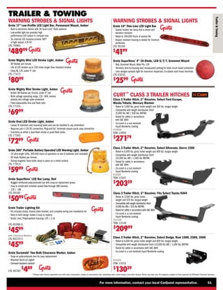 For more information, contact your local CarQuest representative. 51
* Please note finance payments vary with every transaction, based on transaction size, prevailing rates, credit history, and other factors.Terms may also vary.All programs subject to final approval by Affiliated Financial Services.
Class 3 Trailer Hitch, 2 Receiver, Select Dodge, Ram 1500, 2500, 3500
• 
Rated to 6,000 lbs. gross trailer weight and 600 lbs. tongue weight
• 
Compatible with weight distribution hitch (10,000 lbs.WD / 1,000 lbs.WDTW)
• 
Tested for safety in accordance with SAE J684
• 
Co-cured in a rust-resistant liquid Bonderite coating
Class 3 Trailer Hitch, 2 Receiver, Select Silverado, Sierra 1500
• 
Rated to 6,000 lbs. gross trailer weight and 600 lbs. tongue weight
• 
Compatible with weight distribution hitch
(10,000 lbs.WD / 1,000 lbs.WDTW)
• 
Tested for safety in accordance
with SAE J684
• 
Co-cured in a rust-resistant
liquid Bonderite coating
#13301
TOW 13301
$
20359
Class 3 Trailer Hitch, 2 Receiver, Select Ford Escape,
Mazda Tribute, Mercury Mariner
• 
Rated to 3,500 lbs. gross trailer weight and 350 lbs. tongue weight
• 
Compatible with weight distribution hitch
(5,000 lbs.WD / 500 lbs.WDTW)
• 
Tested for safety in accordance
with SAE J684
• 
Co-cured in a rust-resistant
liquid Bonderite coating
#13650
TOW 13650
$
27179
Grote Mighty Mini Strobe Light, Amber
• 
Amber, 80 flashes per minute, under 4 tall
• 
Wide voltage operating range, 12V - 80V, reverse
polarity and voltage spike protected
• 
Field-replaceable lens and flash tube
LTG 77103
$
6999
WARNING STROBES  SIGNAL LIGHTS
Grote 17 Low-Profile LED Light Bar, Permanent Mount, Amber
• 
Built-in electronic flasher with 30 Scan-Lock™
flash patterns
• 
Low-profile light bar provides high
performance LED output in compact size
• 
Six internal LED modules provide 360°
of light output, 12V DC
LTG 76983
$
48999
TRAILER  TOWING
Trailer

Towing
CURT™
CLASS 3 TRAILER HITCHES
Class 3 Trailer Hitch, 2 Receiver, Fits Select Toyota RAV4
• 
Rated to 3,500 lbs. gross trailer
weight and 525 lbs. tongue weight
• 
Compatible with weight distribution hitch
(4,000 lbs.WD / 525 lbs.WDTW)
•
Tested for safety in accordance with SAE J684
• 
Co-cured in a rust-resistant
liquid Bonderite coating
#13149
TOW 13149
$
20999
Grote Duramold®
Two-Bulb Clearance Marker, Amber
• 
Snap-on polycarbonate lens for easy replacement
• 
Attached blunt-cut pigtail
• 
Corrosion-resistant contacts
LTG 46793
$
489
WARNING STROBES  SIGNAL LIGHTS
Grote SuperNova®
LED Bar Lamp, Red
• 
Rugged reinforced polycarbonate bar with snap-on replacment lamps
• 
Easy to install with included sealed flow-through UBS harness
• 
12V / .18A
LTG 49182
$
5099
Grote 15 Thin-Line LED Light Bar
• 
Sealed marker bar lamp that is shock and
vibration resistant
• 
Rated to 100,000 hours of service life
• 
Impact resistant housing is sealed for moisture
protection
LTG 49192
$
4199
Grote SuperNova®
4 10-Diode, LED S/T/T, Grommet Mount
• 
Red, Grommet Mount, Male Pin, 12V
• 
Hermetic lens-to-housing seal, encapsulant potting for total circuit board protection
• 
Lens designs spreads light for maximum dispersion, tin-plated solid brass terminals
LTG 53252
$
2599
Grote Trailer Lighting Kit
• 
Kit includes lamps, license plate bracket, and complete wiring and installation kit
• 
Twist-in bulb design makes it easy to replace
• 
Acrylic Lens, Polypropelene housing, 12V / 2.1A
with Clearance Markers
LTG 65370-5
$
4599
LTG 65380-5
$
4599
Grote Oval LED Strobe Light, Amber
• 
Lamps fit standard oval mounting holes and can be installed in any orientation
• 
Requires just a 12V DC connection, Plug-and-Go®
terminals ensure quick, easy connection
• 
Functions as either a dual flash strobe or quad flash stobe
LTG 77363
$
7299
Grote 360° Portable Battery Operated LED Warning Light, Amber
• 
24 ultra-bright LEDs, 300-400 hours of operation on two D batteries (not included)
• 
60 triple flashes per minute
• 
Strong magnetic base holds lamp in place on a metal surface
LTG 77913
$
5999
Grote Mighty Mini LED Strobe Light, Amber
• 
90 flashes per minute
• 
Life of LED strobes up to 100 times longer than standard strobes
• 
Class III, 12V, under 4 tall
LTG 77473
$
8099
#13333
TOW 13333
$
13039
 