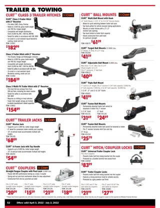 52	 Offers valid April 3, 2022 - July 2, 2022
* Please note finance payments vary with every transaction, based on transaction size, prevailing rates, credit history, and other factors.Terms may also vary.All programs subject to final approval by Affiliated Financial Services.
TRAILER  TOWING
CURT™
Triple Ball Mount
7 and 8-1/2 length, fits 2 receiver 1-7/8 ball capacity: 5,000 lbs.
2 ball capacity: 7,500 lbs. 2-5/16 ball capacity: 10,000 lbs.
1-7/8, 2 and 2-5/16 Balls
TOW 45001
$
4199
CURT™
Adjustable Ball Mount 5,000 Lbs.
Max drop :7-1/2, Max rise: 6-1/4
Shank length: 12-1/2,
Fits 2 receivers, 1 ball hole
TOW 45812
$
4009
Straight-Tongue Coupler with Posi-Lock 3,500 Lbs.
• 
Passes SAE-684 performance testing as a class 2 coupler
• 
Spring and nut posi-lock mechanism allows for easy adjustment
• 
Constructed from die-cut, punched out steel
Fits 1-7/8 wide
straight trailer tongues
TOW 25128
$
2009
Fits 2 wide
straight trailer tongues
TOW 25153
$
1559
Fits 2-1/2 wide
straight trailer tongues
TOW 25135
$
2109
Fits 3 wide
straight trailer tongues
TOW 25138
$
1849
CURT™
COUPLERS
CURT™
Forged Ball Mounts 17,000 Lbs.
2 Shank, 2 Drop, 8-1/2 Long
TOW 45340
$
4159
CURT™
TRAILER JACKS
CURT™
A-Frame Jack with Top Handle
• 
Supports up to 5,000 lbs. trailer tongue weight
• 
15 of vertical travel accommodate multiple ball heights
TOW 28255
$
5459
CURT™
Trailer Coupler Locks
• 
Prevents trailer ball from being inserted into the coupler
• 
Features a strong aluminum body for reliable security
• 
Protected by a grey powder coat finish
Fits 1-7/8 and 2 flat
and rolled lip couplers
TOW 23079
$
2199
Fits 2 and 2-5/16 flat
and rolled lip couplers
TOW 23081
$
2799
CURT™
HITCH/COUPLER LOCKS
CURT™
Universal Trailer Coupler Lock
Fits most couplers
• 
Prevents trailer ball from being inserted into the couple
• 
Protected by a durable hammer-tone epoxy finish
TOW 23659
$
8399
CURT™
Marine Jack
• 
Supports up to 1,000 lbs. trailer tongue weight
• 
6 wheel for convenient trailer mobility and coupling
• 
10 of vertical travel accommodate multiple ball
heights
TOW 28100
$
6809
CURT™
Fusion Ball Mounts
• 
Permanently attached trailer ball cannot be
loosened or stolen Fits 2 receiver
CURT™
BALL MOUNTS
1-7/8 Ball
TOW 45131
$
3169
2 Ball
TOW 45134
$
2469
CURT™
Fusion Ball Mounts
• 
Permanently attached trailer ball cannot be loosened or stolen
• 
Fits 2 receiver. Includes hitch Tpin and clip
4 Drop
TOW 45154
$
2579
CURT™
Multi-Ball Mount with Hook
(2 Solid Shank, 1-7/8, 2  2-5/16 Chrome Balls)
• 
Allows for quick switching between trailer ball sizes
• 
Tow hook perfect for vehicle recovery towing applications
• 
Mounts on trailer hitches with a 2 x 2
receiver tube opening
• 
Tow hook limited to trailer hitch capacity
• 
Shank constructed from solid steel
for optimum strength
TOW 45675
$
6139
CURT™
Class 3 Trailer Hitch
with 2 Receiver
• 
Fits select GMC, Chevy, Pontiac
• 
Rated to 3,500 lbs. gross trailer weight
and 350 lbs. tongue weight
• 
Compatible with weight distribution
hitch (4,000 lbs.WD / 400 lbs.WDTW)
• 
Tested for safety in accordance with SAE J684
• 
Co-cured in a rust-resistant liquid Bonderite
coating, inside and out
TOW 13591
$
18299
CURT™
CLASS 3 TRAILER HITCHES
Class 3 Trailer Hitch with 2 Receiver
• 
Fits Chrysler, Dodge and Volkswagen minivans
• 
Rated to 4,000 lbs. gross trailer weight
and 400 lbs. tongue weight
• 
Compatible with weight distribution
hitch (5,000 lbs.WD / 500 lbs.WDTW)
•
Tested for safety in accordance with SAE J684
• 
Co-cured in a rust-resistant liquid
Bonderite coating, inside and out
TOW 13364
$
18429
Class 3 Multi-Fit Trailer Hitch with 2 Receiver
• 
Fits most full-size pickups from Ford,
GM and Ram, including the latest models
• 
Tested for safety in accordance with
SAE J684
• 
Requires no drilling on most vehicles
• 
Trailer hitch weight ratings are limited
to vehicle manufacturer's stated capacities
TOW 13902
$
15489
 