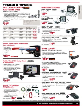 For more information, contact your local CarQuest representative. 53
* Please note finance payments vary with every transaction, based on transaction size, prevailing rates, credit history, and other factors.Terms may also vary.All programs subject to final approval by Affiliated Financial Services.
Erickson Big Bed®
Senior Hitch mounted
truck bed extender
• 
400lbs. Capacity
• 
Folds for easy storage
• 
Extends truck bed 4ft
and is 4ft wide
when open
TRAILER  TOWING
Trailer

Towing
TOW
TOW
1-7/8
1-7/8
40161
40162
Ball Size
2,000lbs.
3,500lbs.
Capacity
Line
Code
Part
Number
Shank
Diameter x Length Price
3/4 x 1-5/8
1 x 2-1/8
$9.19
$9.79
TOW
TOW
2
2
40164
40166
3,500lbs.
6,000lbs.
3/4 x 1-3/4
1 x 2-1/8
$9.39
$9.89
TOW
TOW
2
2-5/16
40074
40167
6,000lbs.
7,500lbs.
1 x 3
1 x 2-1/8
$10.29
$11.49
TOW
2-5/16 40168
10,000lbs.
1-1/2 x 2-5/8 $13.99
CURT™
Echo Mobile Trailer Brake Controller
• 
Bluetooth connection to control all brake settings from your smartphone
• 
Zero-tool, plug-and-play install between vehicle-trailer 7-way connectors
• 
Stores multiple vehicle-trailer profiles
TOW 51180
$
28995
ERI 07600
$
18369
WIRING ACCESSORIES
Hopkins®
Traditional
Break-Away Kit
HPK 20001
$
4499
Hopkins®
Engager™
Break-Away System with
Battery Meter
HPK 1200200099
$
4999
Hopkins®
LED Compatible
Taillight Converter
• 
For vehicles equipped with independent
bulb turn signals or common bulb systems
• 
Protects tow vehicle electronics from
wiring shorts
• 
Includes 14 ga. power lead wire, fuse
 fuse assembly, splices, and cable ties
• I
ncludes vehicle side 4 flat
HPK 1200462055
$
4499
Hopkins®
Plug-In Simple!®
Multi-Tow®
7:4 Adapter
• 
Provides sockets for towing both 7 RV blade and 4-wire flat trailers
• 
Utilizes OEM connectors to create an exact fit and
maximum weatherproofing
HPK 1200409055
$
2499
NOTE: We have vehicle specific parts for Ford/Chevy/GMC. Verify part # before ordering.
Hopkins®
Endurance™
Multi-Tow®
GM
Twist Mount 7 Blade and 4 Flat Connector
• 
Plug-In Simple!®
Wiring Kit
• 
Utilizes OEM connectors create an exact fit and maximum weatherproofing
HPK 1200409020
$
1999
Hopkins®
Brake-Force™
Brake Control
• 
Plug-In Simple®
connection allows for quick installation and removal
• 
LED indicator shows braking intensity
• 
4-brake capacity
HPK 1200472025
$
4499
BRAKE CONTROL
HOPKINS®
Impulse™
Digital Brake Control
• 
Plug-In simple®
connection allows for quick installation and removal
• 
Percentage of braking power shown in a digital LED display
• 
6-brake capacity
HPK 1200472035
$
8999
HOPKINS®
Agility™
Proportional Brake Control
• 
Plug-In simple®
connection allows for quick installation
and removal
• 
Percentage of braking power shown in a digital LED display
• 
8-brake capacity
HPK 1200472094
$
8499
Hopkins®
Reliance™
Plug-In Simple!®
Brake Control
• Time-based braking
• 
Percentage of braking power shown
• 
Plug In Simple Feature
• 
Controls up to 4 trailer brakes
• 
Limited Lifetime Warranty
HPK 1200472084
$
5999
Hopkins®
Smart Hitch Backup Camera
 Sensor System
• 
Allows For One Person To Hitch By Themselves
• 
Camera Mounts Behind License Plate
• 
Retains Electrical Functions At Rear Of Vehicle
• 
Large 3.5 in. Color Monitor w/ Static Free Image
• 
3 Detection Zones Alerts Distance And
Direction Of Objects
HPK 50002
$
16999
CURT™
CHROME FINISH
TOW/TRAILER BALLS
CURT™
Chrome Switch-Ball™
Set
• 
The exclusive ‘J’ Groove design ensures that when the ball is installed on the
shank and engaged by a coupler, the hitching system is secure and has been
proven safe through independent testing
• 
Switch Ball™
is designed so the weight bearing capacity is resting on
the shank taking the stress away from the ball,freeing the coupler
from friction and binding,providing smoother and safer towing
• 
No tools required Ball diameter: 1 7/8, 2, and 2-5/16
Shank length: 2 1/4
Shank depth: 1
Capacity: 8,000 Lbs.
TOW 42225
$
3089
 