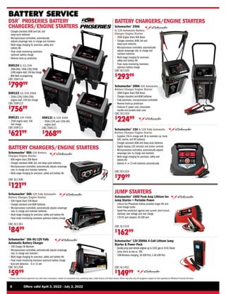 6	 Offers valid April 3, 2022 - July 2, 2022
* Please note finance payments vary with every transaction, based on transaction size, prevailing rates, credit history, and other factors.Terms may also vary.All programs subject to final approval by Affiliated Financial Services.
Schumacher®
15A 6/12V Fully Automatic
Battery Charger/Engine Starter
• 
Supplies 15A to charge and 3A to maintain car, truck,
SUV, marine, and RV batteries
• 
Charges standard,AGM and deep-cycle batteries
• 
Digital display, LED indicator and button controls
• 
Microprocessor-controlled, automatically adjusts
amperage rate, to charge and maintain
• 
Multi-stage charging for precision, safety and
battery life
• 
Detects 6- or 12-volt batteries automatically
CBC SC1323
$
7999
BATTERY CHARGERS/ENGINE STARTERS
BATTERY SERVICE
Schumacher®
10A 6V/12V Fully
Automatic Battery Charger
• 
10A Charge/3A Maintain
• 
Microprocessor-controlled, automatically adjusts amperage
rate, to charge and maintain
• 
Multi-stage charging for precision, safety and battery life
• 
Float mode monitoring maintains optimum battery charge
• 
Auto-volt detection – 6 or 12 volt
CBC SC1358
$
5999
DSR124 6/12/24V
• 
300A (6V)/ 330A (12V)/250A
(24V) engine start,15A fast charge
•With flash re-programing
CBC DSR124
$
79999
DSR123 12/24V 250A
• 
250A (12V)/150A (24V)
engine start, 15A fast charge
CBC DSR123
$
75699
DSR121 12V 250A
• 
250A engine start, 15A
fast charge
CBC DSR121
$
62199
DSR®
PROSERIES BATTERY
CHARGERS/ENGINE STARTERS
• 
Charges standard,AGM and Gel, and
deep-cycle batteries
• 
Microprocessor-controlled, automatically
adjusts amperage rate, to charge and maintain
• 
Multi-stage charging for precision, safety and
battery life
• 
Float mode monitoring maintains
optimum battery charge
• 
Reverse hook-up protection
DSR131 6/12V 250A
• 
250A (12V) and 125A (6V)
engine start
CBC DSR131
$
26899
BATTERY CHARGERS/ENGINE STARTERS
Schumacher®
200A 12V Automatic
Battery Charger/Engine Starter
• 
200A Engine Start/40A Boost
• 
Charges standard and AGM batteries
• 
Fully-automatic, microprocessor-controlled
• 
Reverse hook-up protection
• 
Features 6’ power cord, retractable
handle and durable steel case
CBC SC1324
$
22499
Schumacher®
250A
6/12V Automatic Battery
Charger/Engine Starter
• 
250A Engine Start/40A Boost
• 
Charges standard,AGM, Gel and
deep-cycle batteries
• 
Microprocessor-controlled, automatically
adjusts amperage rate, to charge and
maintain batteries
• 
Multi-stage charging for precision,
safety and battery life
• 
Float mode monitoring maintains
optimum battery charge
CBC SC1325
$
29399
Schumacher®
80A 12V Battery
Charger/Engine Starter
• 
80A engine start/20A Boost
• 
Charges standard,AGM, Gel, and deep-cycle batteries
• 
Microprocessor-controlled, automatically adjusts amperage
rate, to charge and maintain batteries
• 
Multi-stage charging for precision, safety and battery life
CBC SC1306
$
12199
Schumacher®
50A 12V Fully Automatic
Battery Charger/Engine Starter
• 
50A Engine Start/10A Boost
• 
Charges standard and AGM batteries
• 
Microprocessor-controlled, automatically adjusts amperage
rate, to charge and maintain batteries
• 
Multi-stage charging for precision, safety and battery life
• 
Float mode monitoring maintains optimum battery charge
CBC SC1361
$
8499
JUMP STARTERS
Schumacher®
1000 Peak Amp Lithium Ion
Jump Starter + Portable Power
• 
Lithium Ion Phosphate battery provides longer life and
more charge cycles
• 
Spark-free protection against over current, short-circuit,
overload, over voltage and over charge
• 
12V DC port adaptor, 2A USB port
Schumacher®
12V 2000A 4-Cell Lithium Jump
Starter  Power Pack
• 
Quickly jump start vehicle engines up to 10.0L gas or 10.0L Diesel
• 
Jump starts as low as -30C
• 
10W Wireless charging, 3A USB Port, 2.4A USB Port
CBC SL1452
$
14999
CBC SL1316
$
16299
 