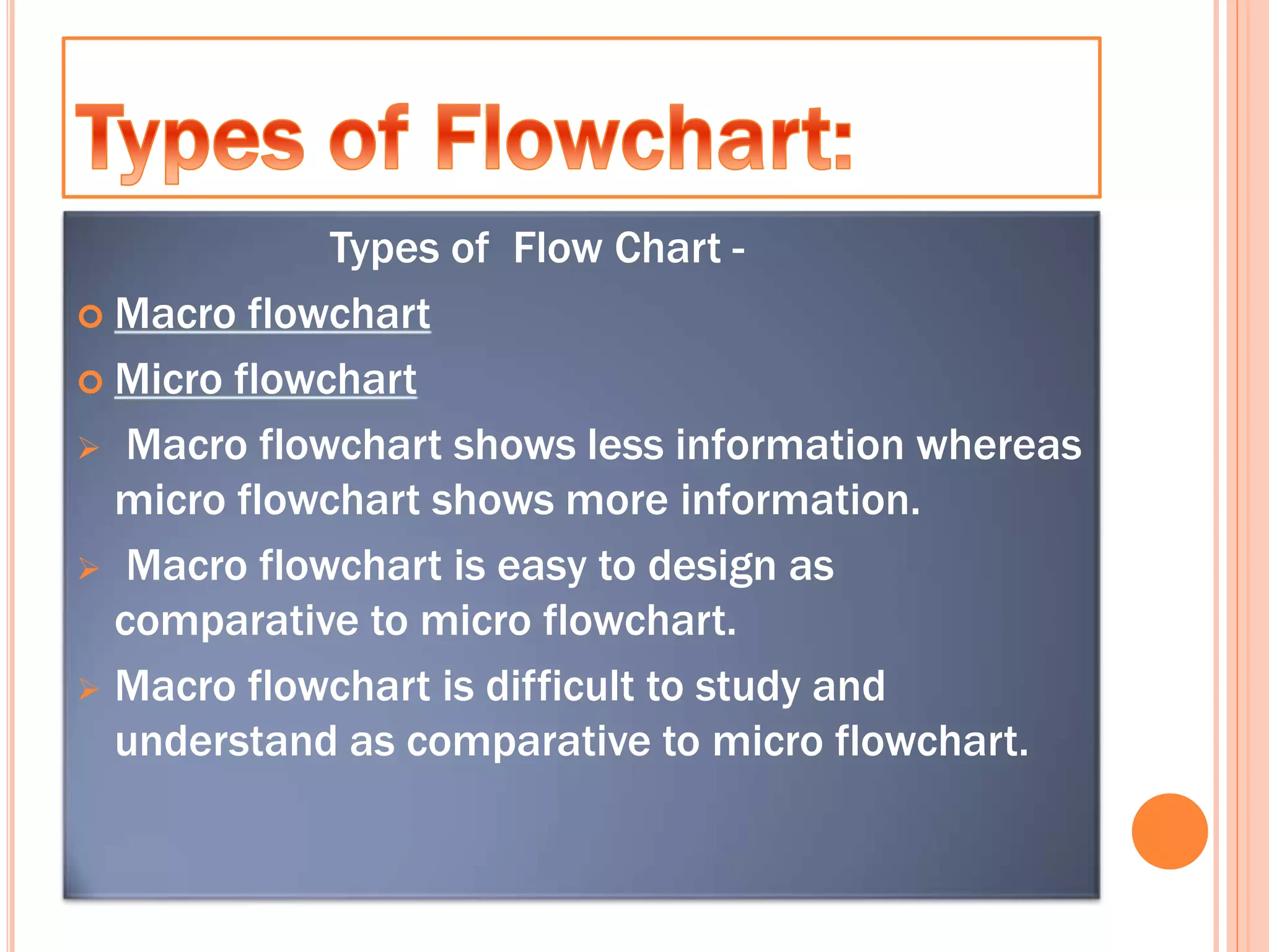 Types of Flow Chart -
 Macro flowchart
 Micro flowchart
 Macro flowchart shows less information whereas
micro flowchart shows more information.
 Macro flowchart is easy to design as
comparative to micro flowchart.
 Macro flowchart is difficult to study and
understand as comparative to micro flowchart.
 
