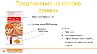 Предложение на основе
данных
А также:
 Food cost;
 Итоговая доходность;
 Первая покупка, общая корзины,
динамика категорий, повторные
покупки
Поднимаем средний чек;
Не заваливаем ТОП-продаж;
Высокая
пенетрация
 