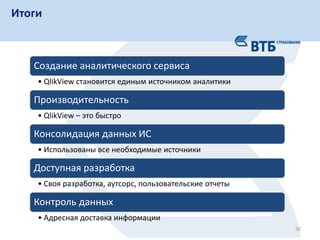 Итоги
30
Создание аналитического сервиса
• QlikView становится единым источником аналитики
Производительность
• QlikView – это быстро
Консолидация данных ИС
• Использованы все необходимые источники
Доступная разработка
• Своя разработка, аутсорс, пользовательские отчеты
Контроль данных
• Адресная доставка информации
 