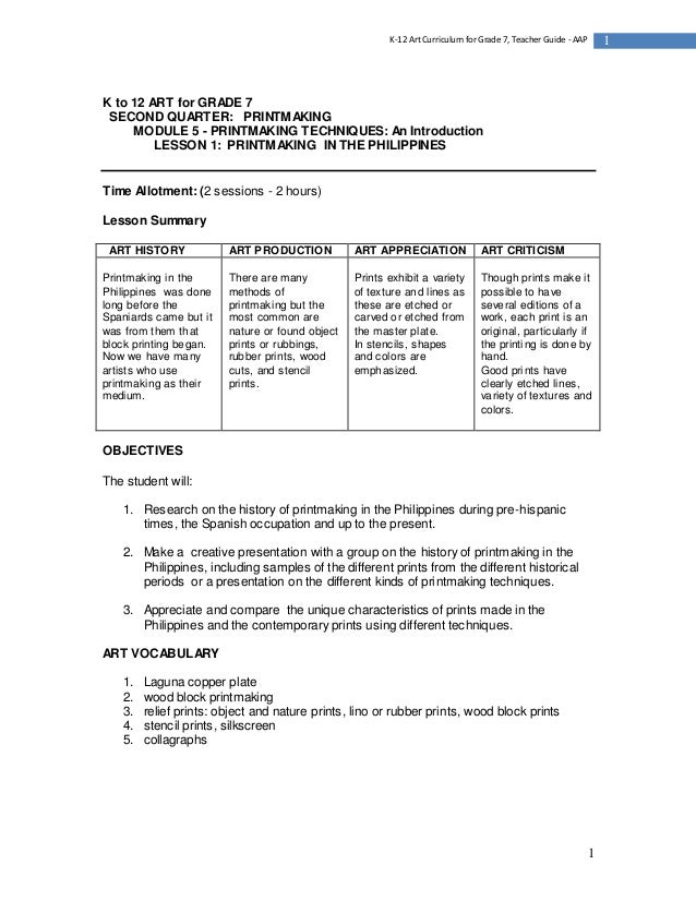 2 Quarter Art For Gr 7 Printmaking 2nd Qtr 6 Plans