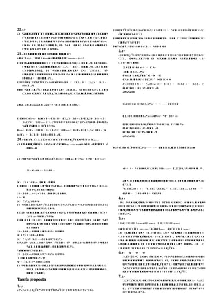 22. d                                                        Tampãoácido s ácido fraco + salcom ânion de
A substância mais indicada será aquel que
                                     a                         ácidofraco
  formao compostomenossol v l,ou sej o
                             ú e       a,                    Tampãobásico s basefraca+ salcom cátion de
  PbCrO4, porquepossuio menorvalorde Kps  .                    basefraca
  Das alt rn ti a o sal que produzirá o
          e a v s,                                           Nessecaso: NH 4Cl + NH 4OH
  PbCrO4 é o K2CrO4.
                                                               2. e
23. A equaçãodo equilíbrioé:                                   A adição de íons bicarbonatoe o aumentode
AgCl + 2NH3(aq.)x[Ag(NH)]C
      (s)                 3aq.aq.2() )+−+l
                                    (                          CO 2 desloca  m o equilíbrio segundo Le
Considerando o consumo de 0,3 mol/L de NH 3                    Chate lier.
  para a formação de 1,5 · 10–1 mol/L do íon                     3. a)HCN x H+ + CN –
  compl xo, a solubilidade do AgCl é
         e                                                       Início: 0,25 — —
  pratica en ea mes a solubilidade quando
          m t         m                                          Proporção:–x +x +x
  [NH3] = 3 mol/L.                                               Equilíbrio: (0,25– x)+x         +x
Então, tere mos: [Ag(NH ) ]+ = [Cl ] = 1,5 · 10–1
                       3 2        –
                                                                 Como pH = 5,0 w x = [H+ ] = [CN– ] = 10–5 e
  mol/L
                                                                 [HCN] = 0,25 mol/L
Na solução aquosa de AgCl, satur a, com ad
                                                                 Assim:
  corpodefundo,semNH 3, o equilíbrioserá:



AgCAgCaq.aq.ll,()()+−− + ⋅1310 1310 ,⋅−
                  x           5    5
                                                                 KaHCNHCN0,25= ⋅= ⋅=         +−−−−   [][][]()



                                                                 (),1010100255510 Ka = 4 · 10
                                                                                 s           –10
Como Kps= [Ag ] ∙ [Cl ] = (1,3 · 10–5 )∙ (1,3 · 10–5 )=
              +      –

  1,69 · 10–10 e lembr   ando que os equilíbrios
                                                                 b)Com a adiçãodeNaCN, temos:
  sãosimul â eos:
            t n
                                                                 [HCN] H 0,25 mol/L
Kps= [Ag ] ∙ [Cl ] s 1,69 · 10–10 = [Ag ] ∙ (1,5 · 10–1 )s
        +       –                      +
                                                                 [CN– ] H 0,35 mol/L
s Ag+ = 1,13 · 10–9 mol/L                                        Assim:
24. a)Cálculodaconcentraçãodeíon Hg2+ :

                                                             KaHCNHCNH0,25= ⋅⋅=       ⋅+ − − + [][][][][,]() 410035 ss
A equação é: HgSHgSmo     saq.2+aq.2() ) x+ −xll/d mo /
                                      (( )        m  l
        dm x
          33                                                                                                s      10




A expr s ão
      e s do Kpsé: Kps= [Hg2+ ] · [S2– ] s 9 ∙ 10–52 =


                                                                 s [H+ ] = 41002528610 ⋅⋅⋅−− (,)()
        x∙ xs s x= ⋅− 910
                                                                                      1010        ,0,35H mol/L
                         52




x= 3 ∙ 10–26 mol/dm       3
                                                                 Aplicandoo logaritmoe multiplicandopor
Como 1 molde íons Hg2+ corres     pondea 6 ∙ 1023                (–1):
        íons, tere mos:                                          –log [H+ ] = –log 2,86 – log 10–10              s pH = –
3 ∙ 10–26 ∙ 6 ∙ 1023 íons1 dm 3                                  0,46 + 10 s pH = 9,54
1 íon x
                                                               4. a
x= 55,5 dm     3
                                                               As soluções amp
                                                                          t
                                                                          -    ão têm como finalidade
O volum de água necess rio para encontra
            e                   á               r              mant r pH do meio constan e,mes
                                                                    e o                 t     mocom a
        umíon é 55 dm .  3
                                                               adiçãodepequenasquantidade de ácidosou
                                                                                          s
b) A solubilidadedo HgS, em água, é iguala 3 ∙                 bases.
        10–26 mol/dm.   3

Cálculo da quantidade de mat ria que se
                                    é                          5. a
        dissolv no volum de água exist t na
                 e           e          en e                   H3CCOOH (aq.)x H+ (aq.)+ HCCOO 3(aq.)–
        Terra:                                                 NaHCCOO +3(s)–HO 2 2 (aq.)+ + HCCOO 3(aq.)–
                                                                                →22Na
3 ∙ 10–26 moldeHgS 1 dm     3
                                                               A adição de aceta    to de sódio aumen a a   t
x1,4 ∙ 1021 dm   3
                                                               concentr ão de H3CCOO – , deslocando o
                                                                         aç
x= 4,2 ∙ 10–5 moldeHgS                                         equilíbrio do ácido acético paraa es      querda,
Esse volum de água é insuficient para
                 e                       e                     diminuindo a concentr ão de íons H+ e
                                                                                          aç
        solubili a 1 moldeHgS.
                 z r                                           aumen at ndoo pH dasolução.
Sabemos     que:
3 ∙ 10–26 moldeHgS 1 dm     3
                                                               6. F – V – V – V
1 moldeHgS V                                                     I. (F) Os dois ácidos possue somen eum
                                                                                             m       t
V = 3,33 ∙ 1025 dm    3
                                                                 hidrogênio ionizáv l e, por possuíre a
                                                                                     e                 m
O volum de água necess rio paradissolv r1
            e                  á             e                   mes aconcentr ão e o mes
                                                                      m            aç         mo volum a
                                                                                                       e
        moldeHgS seriamaiordo queo disponíve    l                ser neutr li a
                                                                            a z do, irão consumir a mes a
                                                                                                        m
        naTerra.                                                 quantidade  deNaOH na titu aç
                                                                                            l ão.
                                                               7. d
Tarefa proposta                                                  I.(F)Ácido acéticoé umácido fraco(α < 5%)
                                                                 e, portanto,emsoluçãoaquosa0,10 mol/
1. d
                                                                 L, encontra e pouco ionizado e terá pH
                                                                              s
                                                                              -
As soluções am ão
           t
           -  p sãofornecidaspor:
                                                                 maiorque1.
 