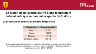 La fusión de un cuerpo ocurre a una temperatura
determinada que se denomina «punto de fusión».
La solidificación ocurre a esa misma temperatura.
Si las cuatro sustancias estuviesen en recipientes diferentes y sin rotular, ¿se podría utilizar
la variación de la temperatura para reconocer a cada una de ellas? ¿Cuáles son sólidas a
temperatura ambiente (20 °C – 25 °C)?
Sustancia Punto de fusión
Agua 0 °C
Etanol - 114 °C
Glucosa 146 °C
Clorato de potasio 368 °C
 