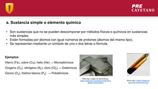 • Son sustancias que no se pueden descomponer por métodos físicos o químicos en sustancias
más simples.
• Están formadas por átomos con igual números de protones (átomos del mismo tipo).
• Se representan mediante un símbolo de uno o dos letras o fórmula.
Ejemplos:
Hierro (Fe), cobre (Cu), helio (He) → Monoatómicos
Oxígeno (O2), nitrógeno (N2), cloro (Cℓ2) → Diatómicos
Ozono (O3), fósforo blanco (P4) → Poliatómicos
a. Sustancia simple o elemento químico
Plata (Ag). Imagen de Sprott Money.
(https://www.flickr.com/photos/105572614
@N04/10304285224)
Bromo (Br2). (https://images-of-
elements.com/bromine.php)
 