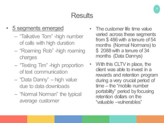 6
Results
• 5 segments emerged
– “Talkative Tom” -high number
of calls with high duration
– “Roaming Rob” -high roaming
charges
– “Texting Tim” -high proportion
of text communication
– “Data Danny” – high value
due to data downloads
– “Normal Norman” the typical
average customer
• The customer life time value
varied across these segments
from $ 486with a tenure of 54
months (Normal Normans) to
$ 2088with a tenure of 34
months (Data Dannys)
• Withthis CLTV in place, the
client was able to invest in a
rewards and retention program
during a very crucial period of
time – the “mobile number
portability” period byfocusing
retention dollars on the
“valuable –vulnerables”
 