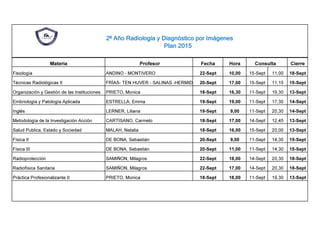 2º Año Radiología y Diagnóstico por Imágenes
Plan 2015
Materia Profesor Fecha Hora Consulta Cierre
Fisiología ANDINO - MONTIVERO 22-Sept 10,00 15-Sept 11,00 18-Sept
Técnicas Radiológicas II FRÍAS- TEN HUVER - SALINAS -HERMIDA 20-Sept 17,00 15-Sept 11,15 15-Sept
Organización y Gestión de las Instituciones PRIETO, Monica 18-Sept 16,30 11-Sept 19,30 13-Sept
Embriología y Patología Aplicada ESTRELLA, Emma 19-Sept 19,00 11-Sept 17,30 14-Sept
Inglés LERNER, Liliana 19-Sept 9,00 11-Sept 20,30 14-Sept
Metodología de la Investigación Acción CARTISANO, Carmelo 18-Sept 17,00 14-Sept 12,45 13-Sept
Salud Publica, Estado y Sociedad MALAH, Natalia 18-Sept 16,00 15-Sept 20,00 13-Sept
Física II DE BONA, Sebastián 20-Sept 9,00 11-Sept 14,30 15-Sept
Física III DE BONA, Sebastián 20-Sept 11,00 11-Sept 14,30 15-Sept
Radioprotección SAMIÑON, Milagros 22-Sept 18,00 14-Sept 20,30 18-Sept
Radiofísica Sanitaria SAMIÑON, Milagros 22-Sept 17,00 14-Sept 20,30 18-Sept
Práctica Profesionalizante II PRIETO, Monica 18-Sept 18,00 11-Sept 19,30 13-Sept
 