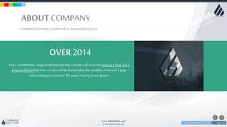 w w w . D o m a i n . c o m Page 112
www.MainSlide.com
© All Rights Reserved.
Confidential
ABOUT COMPANY
Estabilishedfact that a reader will be distracted its layout.
OVER 2014
Here, contenthere',long establishedfact that a reader will be by the makingitlook.Itisa
longestablishedfact that a reader will be distracted bythe readablecontentofa page
whenlookingat its layout.Thepointof using LoremIpsum.
 
