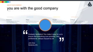 w w w . D o m a i n . c o m Page 137
www.MainSlide.com
© All Rights Reserved.
ConfidentialVALUE
you are with the good company
ABOUT OUR COMPANYABOUT OUR COMPANY
Fantastic facilitation! You make it easy for us to
ensure that everything runs smoothly. Very
professional, always enjoyed by all.
John Doe
Sangsung, LTD.
“ ”
Products
Aenean lacinia bibendum
nulla sed consectetur.
Place
Aenean lacinia bibendum
nulla sed consectetur.
People
Aenean lacinia bibendum
nulla sed consectetur.
Critique
Aenean lacinia bibendum
nulla sed consectetur.
 