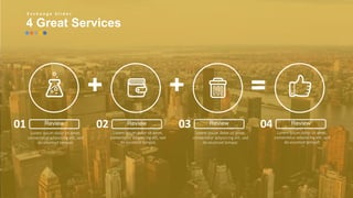 w w w . D o m a i n . c o m Page 17
www.MainSlide.com
© All Rights Reserved.
Confidential
+ + =
Lorem ipsum dolor sit amet,
consectetur adipisicing elit, sed
do eiusmod tempor.
01
Lorem ipsum dolor sit amet,
consectetur adipisicing elit, sed
do eiusmod tempor.
02
Lorem ipsum dolor sit amet,
consectetur adipisicing elit, sed
do eiusmod tempor.
03
Lorem ipsum dolor sit amet,
consectetur adipisicing elit, sed
do eiusmod tempor.
04Review Review Review Review
4 Great Services
E x c h a n g e S l i d e s
 