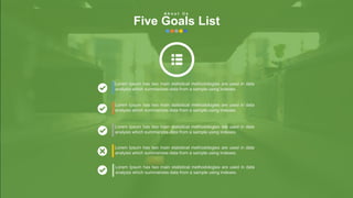 w w w . D o m a i n . c o m Page 46
www.MainSlide.com
© All Rights Reserved.
Confidential
Lorem Ipsum has two main statistical methodologies are used in data
analysis which summarizes data from a sample using indexes.
Lorem Ipsum has two main statistical methodologies are used in data
analysis which summarizes data from a sample using indexes.
Lorem Ipsum has two main statistical methodologies are used in data
analysis which summarizes data from a sample using indexes.
Lorem Ipsum has two main statistical methodologies are used in data
analysis which summarizes data from a sample using indexes.
Lorem Ipsum has two main statistical methodologies are used in data
analysis which summarizes data from a sample using indexes.
A b o u t U s
Five Goals List
 