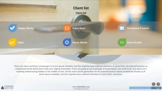 w w w . D o m a i n . c o m Page 6
www.MainSlide.com
© All Rights Reserved.
Confidential
Happy Clients Subscribers Completed Projects
Sales Funny Weeks Lines of code
Client list
Client list
There are many variations of passages of lorem ipsum available, but the majority have suffered alteration in some form, by injected humour, or
randomized words which don't look even slightly believable. If you are going to use A passage of lorem ipsum, you need to be sure there isn't
anything embarrassing hidden in the middle of text. All the lorem ipsum generators on the internet tend to repeat predefined chunks as of
lorem ipsum available, but the majority have suffered alteration in some form necessary.
 