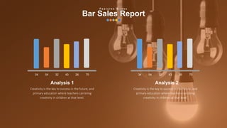 w w w . D o m a i n . c o m Page 93
www.MainSlide.com
© All Rights Reserved.
Confidential
34 54 32 43 26 70 34 54 32 43 26 70
Analysis 2
Creativity is the key to success in the future, and
primary education where teachers can bring
creativity in children at that level.
Analysis 1
Creativity is the key to success in the future, and
primary education where teachers can bring
creativity in children at that level.
F e a t u r e s S l i d e s
Bar Sales Report
 