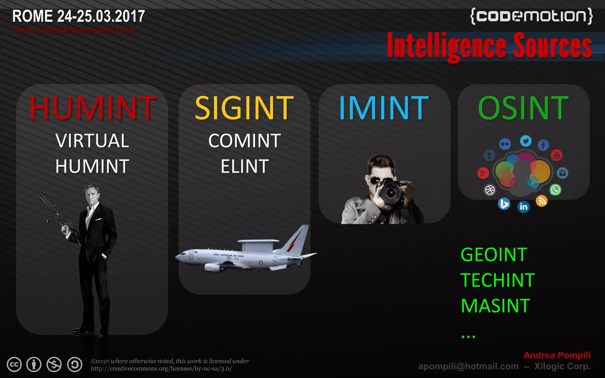 Page  ‹N›
Except where otherwise noted, this work is licensed under
http://creativecommons.org/licenses/by-nc-sa/3.0/
ROME 24-25.03.2017
www.codemotionworld.com
Andrea Pompili
apompili@hotmail.com – Xilogic Corp.
HUMINT
GEOINT
TECHINT
MASINT
...
VIRTUAL
HUMINT
SIGINT
COMINT
ELINT
OSINTIMINT
 
