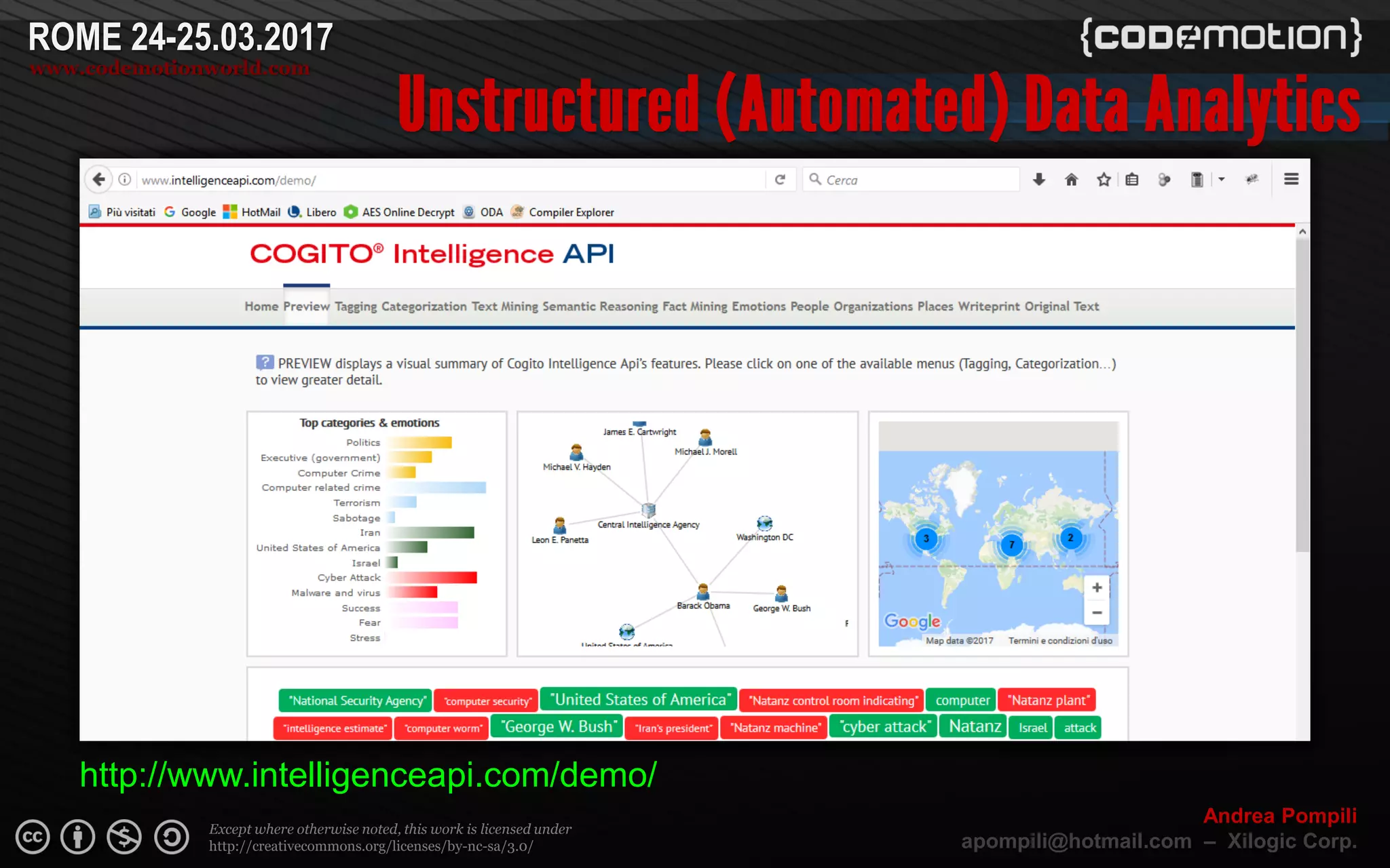 Page  ‹N›
Except where otherwise noted, this work is licensed under
http://creativecommons.org/licenses/by-nc-sa/3.0/
ROME 24-25.03.2017
www.codemotionworld.com
Andrea Pompili
apompili@hotmail.com – Xilogic Corp.
http://www.intelligenceapi.com/demo/
 