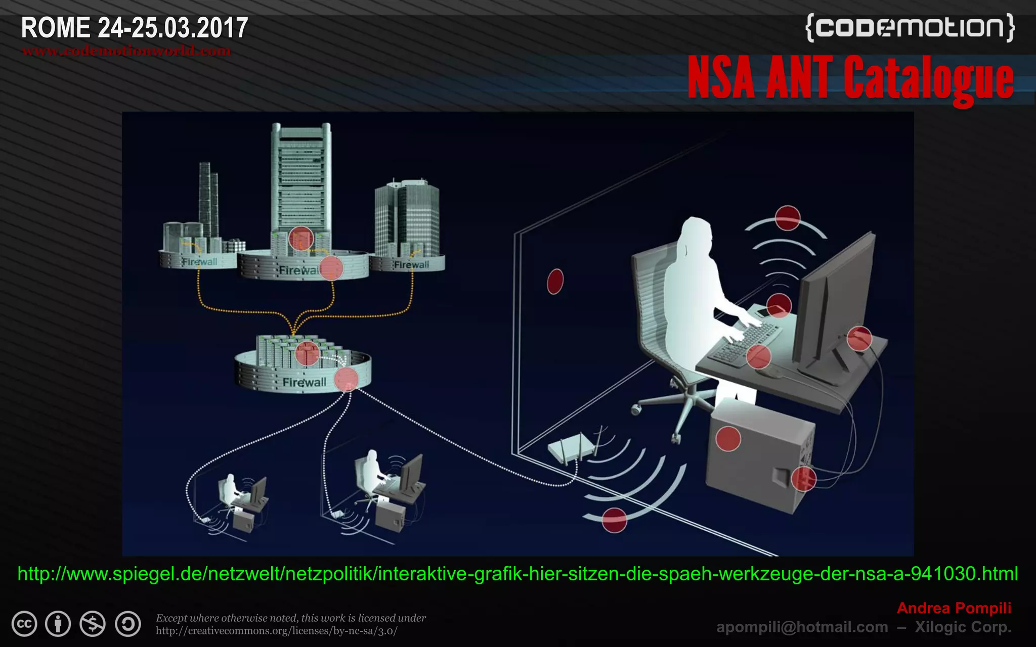 Page  ‹N›
Except where otherwise noted, this work is licensed under
http://creativecommons.org/licenses/by-nc-sa/3.0/
ROME 24-25.03.2017
www.codemotionworld.com
Andrea Pompili
apompili@hotmail.com – Xilogic Corp.
http://www.spiegel.de/netzwelt/netzpolitik/interaktive-grafik-hier-sitzen-die-spaeh-werkzeuge-der-nsa-a-941030.html
 