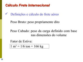 25
 Definições e cálculo do frete aéreo
Peso Cubado: peso da carga definido com base
nas dimensões do volume
Fator de Estiva:
1 m3
= 1/6 ton = 166 kg
Peso Bruto: peso propriamente dito
Cálculo Frete InternacionalCálculo Frete Internacional
 