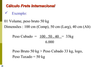 26
 Exemplo:
01 Volume, peso bruto 50 kg
Dimensões : 100 cm (Comp), 50 cm (Larg), 40 cm (Alt)
Peso Cubado = 100 . 50 . 40 = 33kg
6.000
Peso Bruto 50 kg > Peso Cubado 33 kg, logo,
Peso Taxado = 50 kg
Cálculo Frete InternacionalCálculo Frete Internacional
 
