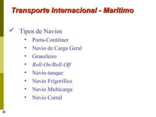 29
Transporte Internacional - MarítimoTransporte Internacional - Marítimo
 Tipos de Navios
• Porta-Contêiner
• Navio de Carga Geral
• Graneleiro
• Roll-On/Roll-Off
• Navio-tanque
• Navio Frigorífico
• Navio Multicarga
• Navio Curral
 