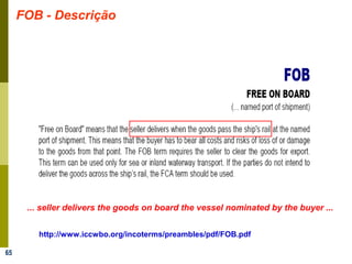 65
FOB - Descrição
http://www.iccwbo.org/incoterms/preambles/pdf/FOB.pdf
... seller delivers the goods on board the vessel nominated by the buyer ...
 