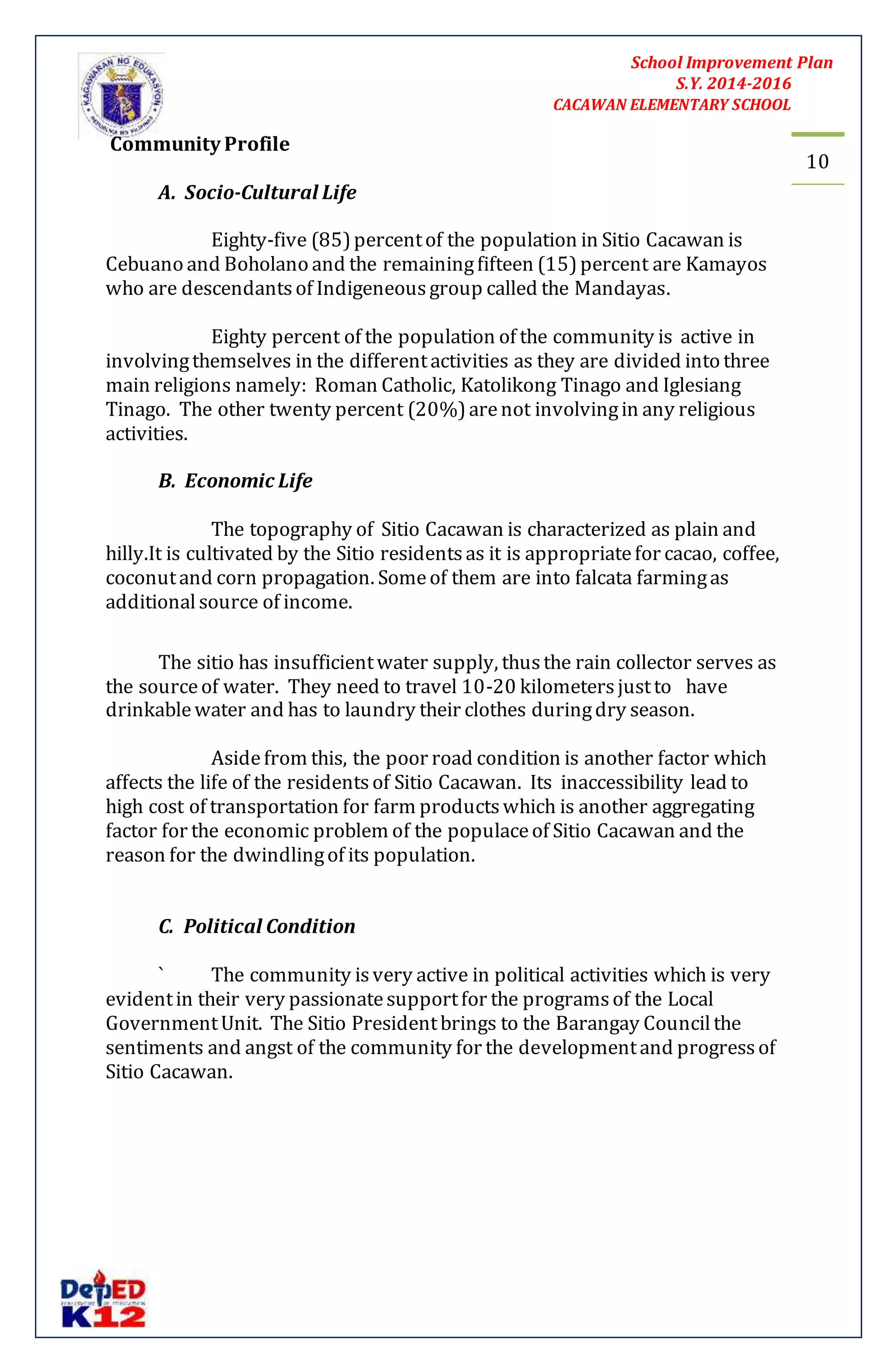 School Improvement Plan 
S.Y. 2014-2016 
CACAWAN ELEMENTARY SCHOOL 
10 
Community Profile 
A. Socio-Cultural Life 
Eighty-five (85) percent of the population in Sitio Cacawan is 
Cebuano and Boholano and the remaining fifteen (15) percent are Kamayos 
who are descendants of Indigeneous group called the Mandayas. 
Eighty percent of the population of the community is active in 
involving themselves in the different activities as they are divided into three 
main religions namely: Roman Catholic, Katolikong Tinago and Iglesiang 
Tinago. The other twenty percent (20%) are not involving in any religious 
activities. 
B. Economic Life 
The topography of Sitio Cacawan is characterized as plain and 
hilly.It is cultivated by the Sitio residents as it is appropriate for cacao, coffee, 
coconut and corn propagation. Some of them are into falcata farming as 
additional source of income. 
The sitio has insufficient water supply, thus the rain collector serves as 
the source of water. They need to travel 10-20 kilometers just to have 
drinkable water and has to laundry their clothes during dry season. 
Aside from this, the poor road condition is another factor which 
affects the life of the residents of Sitio Cacawan. Its inaccessibility lead to 
high cost of transportation for farm products which is another aggregating 
factor for the economic problem of the populace of Sitio Cacawan and the 
reason for the dwindling of its population. 
C. Political Condition 
` The community is very active in political activities which is very 
evident in their very passionate support for the programs of the Local 
Government Unit. The Sitio President brings to the Barangay Council the 
sentiments and angst of the community for the development and progress of 
Sitio Cacawan. 
 