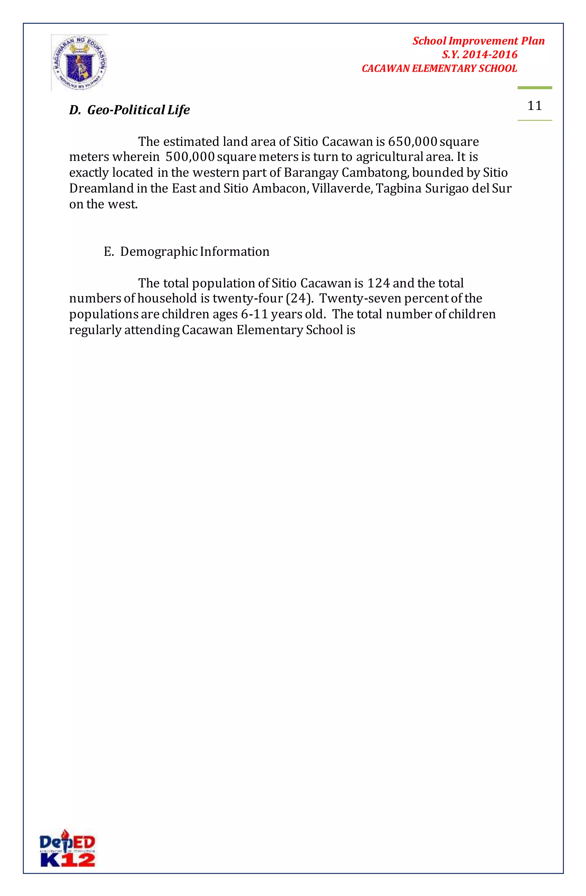 School Improvement Plan 
S.Y. 2014-2016 
CACAWAN ELEMENTARY SCHOOL 
11 
D. Geo-Political Life 
The estimated land area of Sitio Cacawan is 650,000 square 
meters wherein 500,000 square meters is turn to agricultural area. It is 
exactly located in the western part of Barangay Cambatong, bounded by Sitio 
Dreamland in the East and Sitio Ambacon, Villaverde, Tagbina Surigao del Sur 
on the west. 
E. Demographic Information 
The total population of Sitio Cacawan is 124 and the total 
numbers of household is twenty-four (24). Twenty-seven percent of the 
populations are children ages 6-11 years old. The total number of children 
regularly attending Cacawan Elementary School is 
 