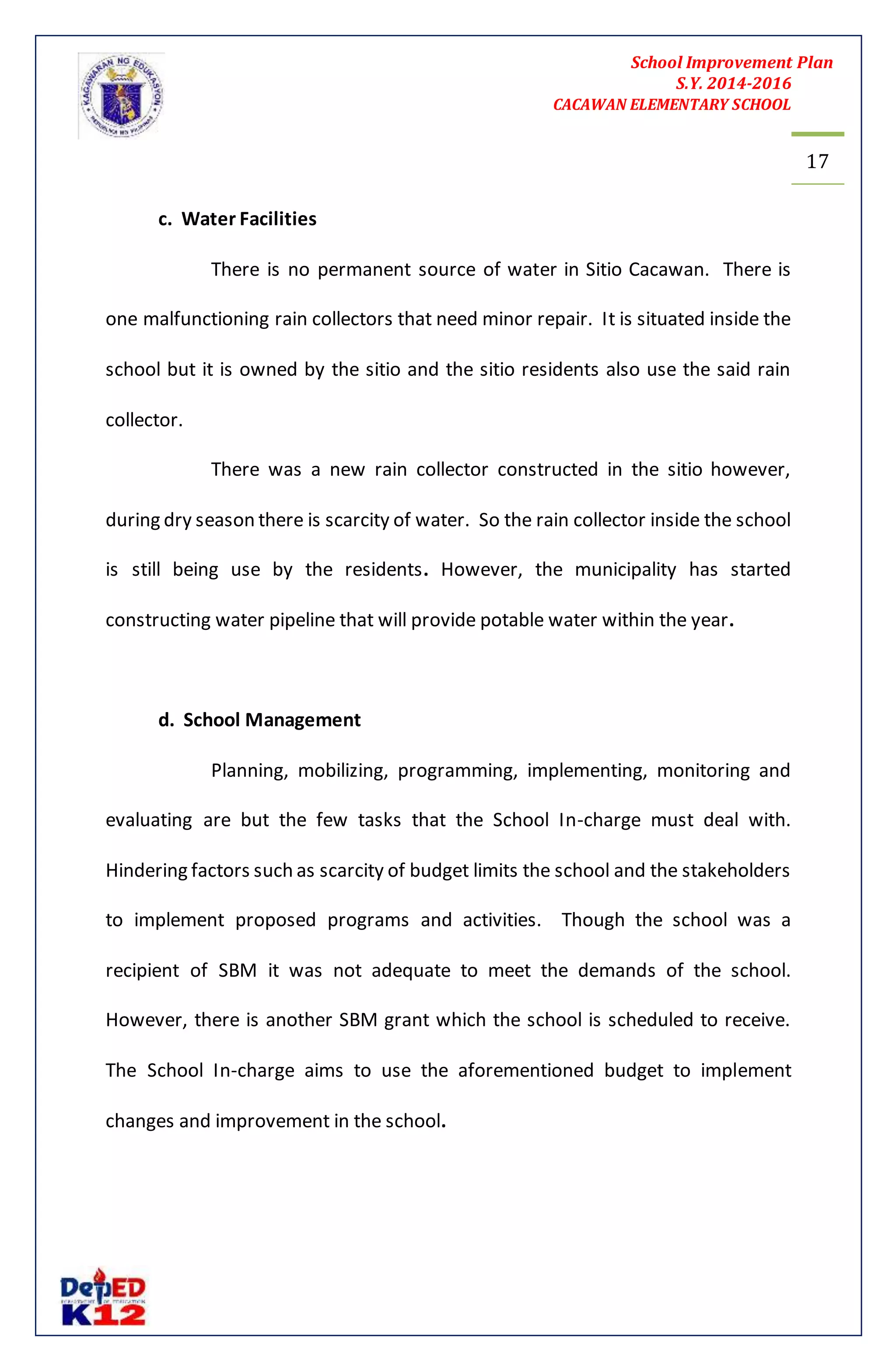 School Improvement Plan 
S.Y. 2014-2016 
CACAWAN ELEMENTARY SCHOOL 
17 
c. Water Facilities 
There is no permanent source of water in Sitio Cacawan. There is 
one malfunctioning rain collectors that need minor repair. It is situated inside the 
school but it is owned by the sitio and the sitio residents also use the said rain 
collector. 
There was a new rain collector constructed in the sitio however, 
during dry season there is scarcity of water. So the rain collector inside the school 
is still being use by the residents. However, the municipality has started 
constructing water pipeline that will provide potable water within the year. 
d. School Management 
Planning, mobilizing, programming, implementing, monitoring and 
evaluating are but the few tasks that the School In-charge must deal with. 
Hindering factors such as scarcity of budget limits the school and the stakeholders 
to implement proposed programs and activities. Though the school was a 
recipient of SBM it was not adequate to meet the demands of the school. 
However, there is another SBM grant which the school is scheduled to receive. 
The School In-charge aims to use the aforementioned budget to implement 
changes and improvement in the school. 
 