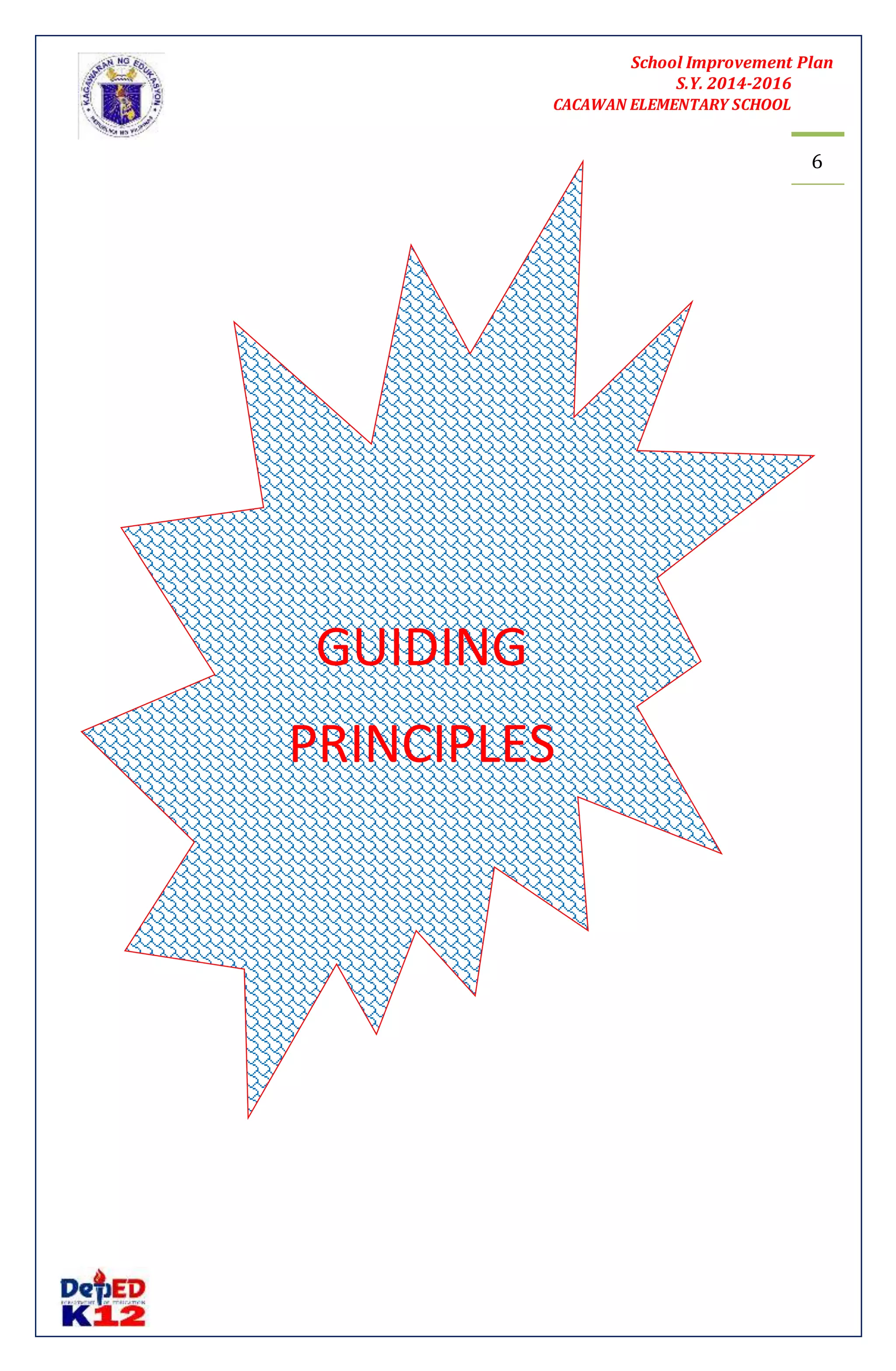 School Improvement Plan 
S.Y. 2014-2016 
CACAWAN ELEMENTARY SCHOOL 
6 
GUIDING 
PRINCIPLES 
 