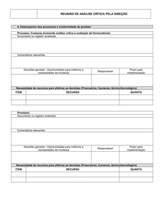 REUNIÃO DE ANÁLISE CRÍTICA PELA DIREÇÃO
4. Desempenho dos processos e conformidade do produto
Processo: Compras (incluindo análise crítica e avaliação de fornecedores)
Documento ou registro analisado
Comentários relevantes
Decisões geradas - Oportunidades para melhoria e
necessidades de mudança
Responsável
Prazo para
implementação
Necessidade de recursos para efetivas as decisões (Financeiros, humanos, técnico/tecnológico)
ITEM RECURSO QUANTO
Processo:
Documento ou registro analisado
Comentários relevantes
Decisões geradas - Oportunidades para melhoria e
necessidades de mudança
Responsável
Prazo para
implementação
Necessidade de recursos para efetivas as decisões (Financeiros, humanos, técnico/tecnológico)
ITEM RECURSO QUANTO
 