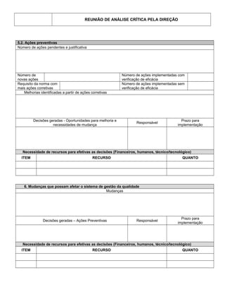 REUNIÃO DE ANÁLISE CRÍTICA PELA DIREÇÃO
5.2. Ações preventivas
Número de ações pendentes e justificativa
Número de
novas ações
Número de ações implementadas com
verificação de eficácia
Requisito da norma com
mais ações corretivas
Número de ações implementadas sem
verificação de eficácia
Melhorias identificadas a partir de ações corretivas
Decisões geradas - Oportunidades para melhoria e
necessidades de mudança
Responsável
Prazo para
implementação
Necessidade de recursos para efetivas as decisões (Financeiros, humanos, técnico/tecnológico)
ITEM RECURSO QUANTO
6. Mudanças que possam afetar o sistema de gestão da qualidade
Mudanças
Decisões geradas – Ações Preventivas Responsável
Prazo para
implementação
Necessidade de recursos para efetivas as decisões (Financeiros, humanos, técnico/tecnológico)
ITEM RECURSO QUANTO
 