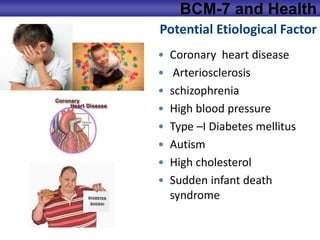 Potential Etiological Factor
• Coronary heart disease
• Arteriosclerosis
• schizophrenia
• High blood pressure
• Type –I Diabetes mellitus
• Autism
• High cholesterol
• Sudden infant death
syndrome
BCM-7 and Health
 